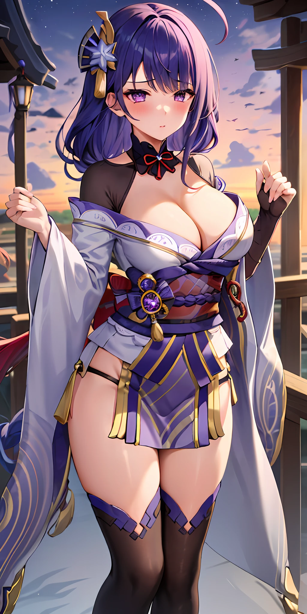 1girl, solo, long hair, star hair ornament, ahoge, , large breasts, cleavage, thighs, (zhongli outfit genshin impact)(blushing:1.3), geo style raiden shogun (genshin impact