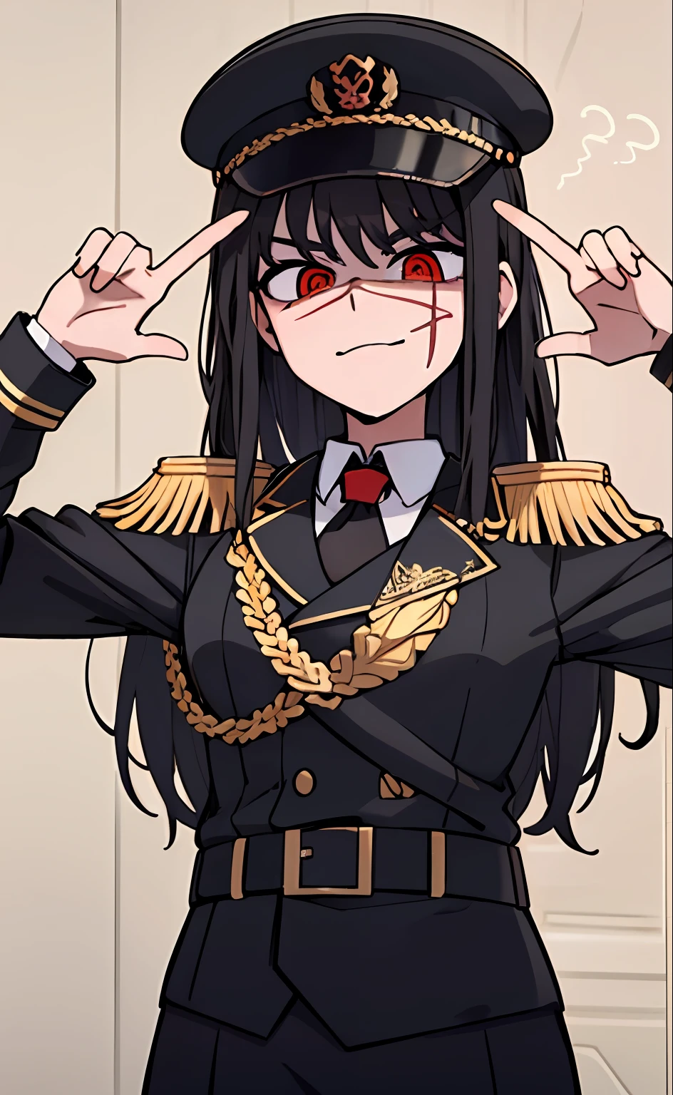 (masterpiece, best quality: 1.2), Solo, 1girl, Yoru \(Chainsaw Man\), looking at the viewer, different poses, red eye, long hair, completely black hair, reference to clothing of a German WWII general, black long sleeves (best quality), scar on face, beautiful eyes, has only 2 arms, has war medals on his clothes, Black Military Cap, Golden Eagle Medal on Clothing,  (Wallpaper), (8K HD), (8K HD), Golden Shoulder Pads, Sprites, 1 Single Design (masterpiece, best quality: 1.2), Solo, 1girl, Yoru \(Chainsaw Man\), looking at the viewer, smile, happy, different poses, red eye, long hair, completely black hair, reference to clothing of a German WWII general, black long sleeves (best quality), scar on face,  beautiful eyes, has only 2 arms, has war medals on his clothes, black military cap, golden eagle medal on clothing, (wallpaper), (8K HD), (8K HD), (8K HD), golden shoulder pads, sprites, 1 single design