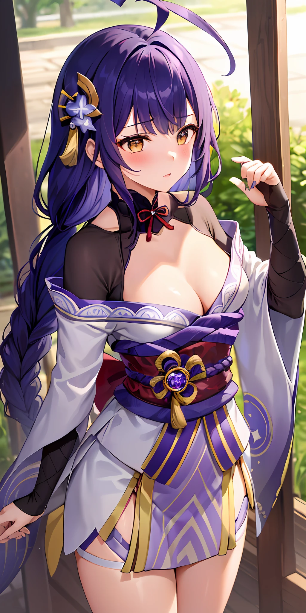 1girl, solo, long hair, hair ornament, ahoge, , wonderful breasts, small cleavage, thighs, (zhongli outfit genshin impact)(blushing:1.3), liyue style raiden shogun (genshin impact), yellow hair, brown eyes, brown and yellow outfit