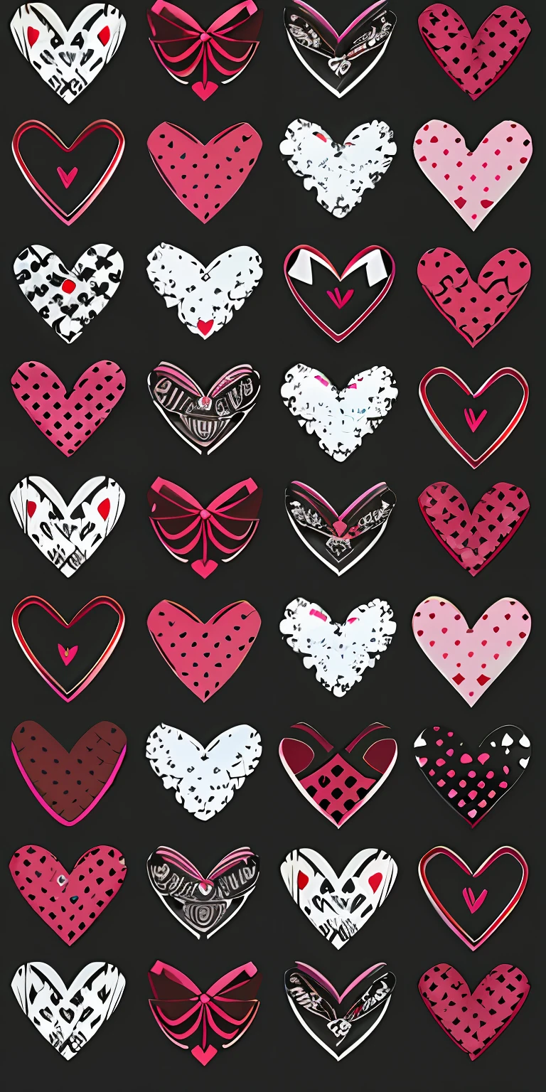 Close up of a bunch of hearts drawn on black background, Many hearts, several hearts, black and white with red hearts, heart symbol, pink hearts in the background, black and white with hearts, red peach, red hearts, Playing card suits, Falling hearts, Love theme, black and white and red colors, black white pink, entwined hearts and spades