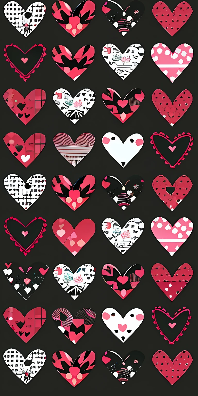 Close up of a bunch of hearts drawn on black background, Many hearts, several hearts, black and white with red hearts, heart symbol, pink hearts in the background, black and white with hearts, red peach, red hearts, Playing card suits, Falling hearts, Love theme, black and white and red colors, black white pink, entwined hearts and spades