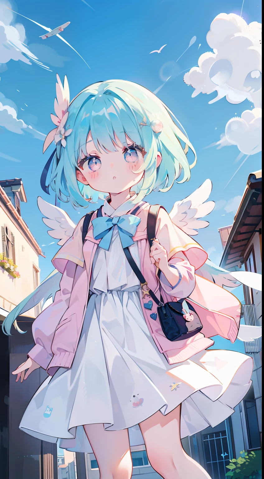 One girl、cute little、校服、pluma、flying though the air、mid air、street、soap bubbles、​masterpiece、top-quality、Top image quality、lightblue hair、Pink eyes、Asymmetrical hair、Angel wings