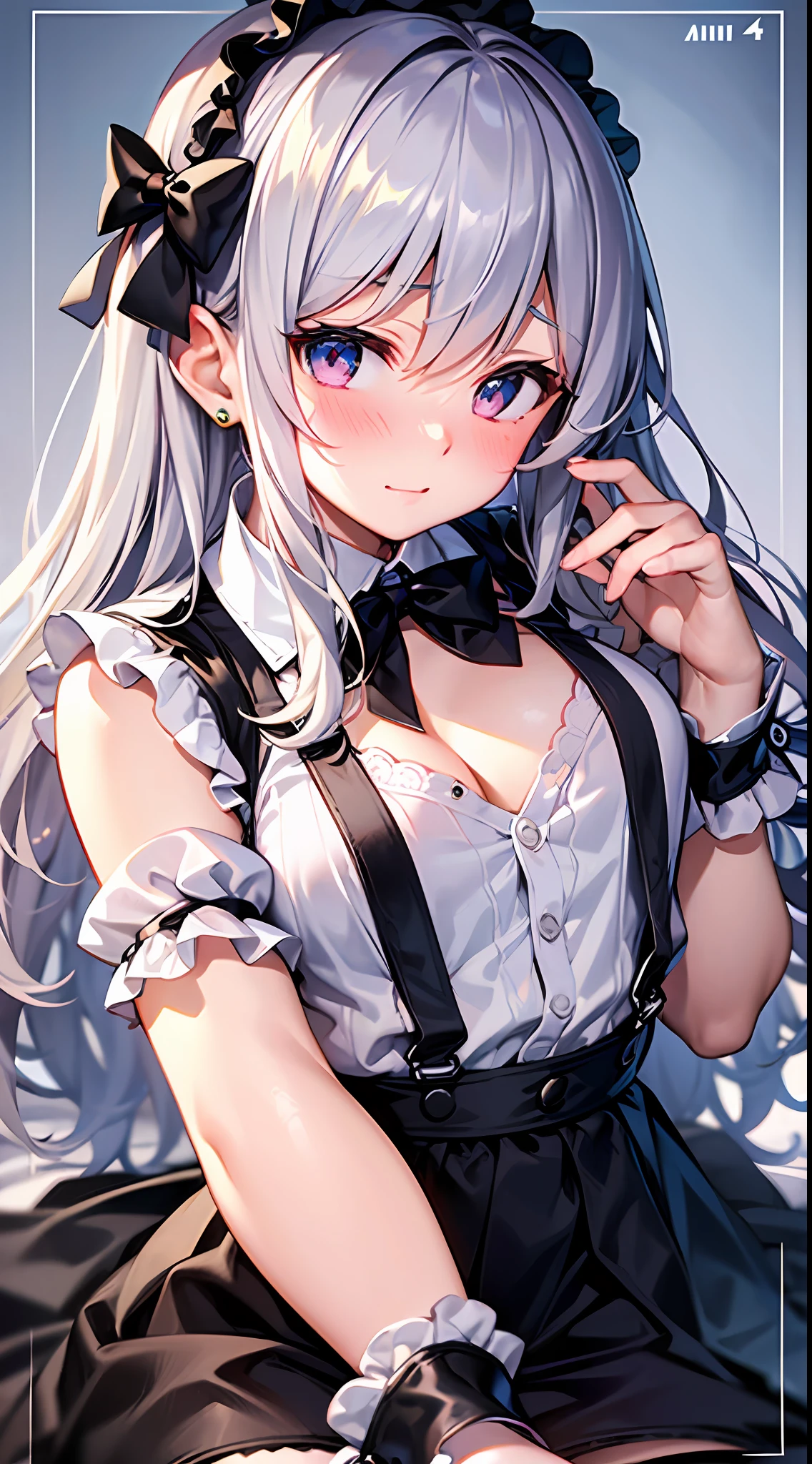 {Best Quality}, {ultra-detailliert}, {very detailed illustration}, silber hair, Aimei, embarrassed from，breastsout，red blush，Black tie，{Suspender Skirt}，suspenders，skirt by the，Casual clothing，a bed，Cool eyes，Maids，laying on back，Chest rubbing