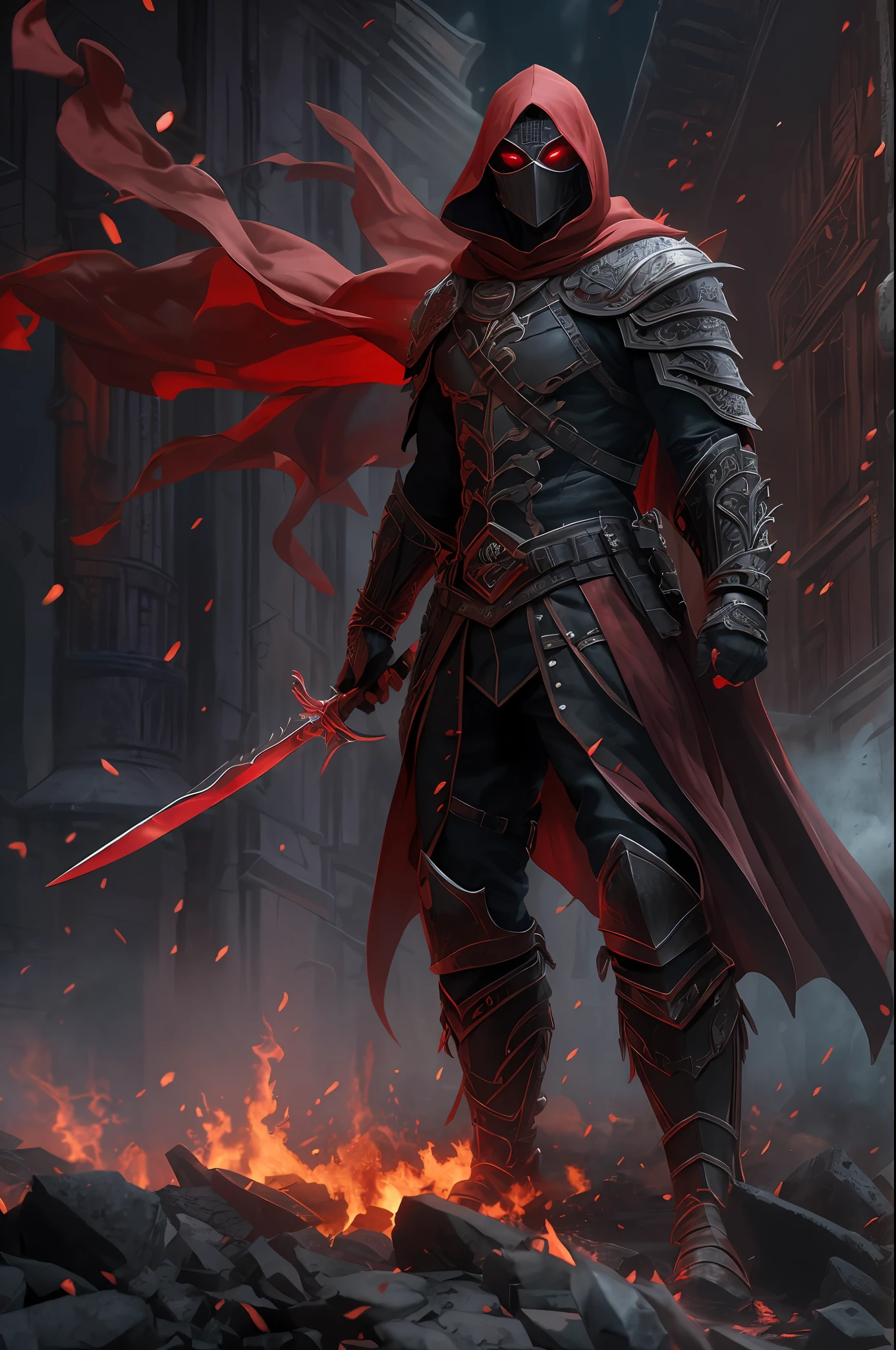 (ultra-detailed CG unity 8k wallpaper, masterpiece, best quality, depth of field, HDR, intricate), tall sinister dark killer wearing a metal mask with bright red eyes of dark and light armor with a discreet red cape behind with sharp daggers in his arms walking in a burning village, (intricate: 1.4) (masterpiece: 1.4) (illustration: 1.4), red studio lighting, post-processing, 8k resolution, dark background, imposing, meticulously composed photos, impressive, dark fantasy (by Greg Rutkowski: 1.2), (by daarken: 1.5)