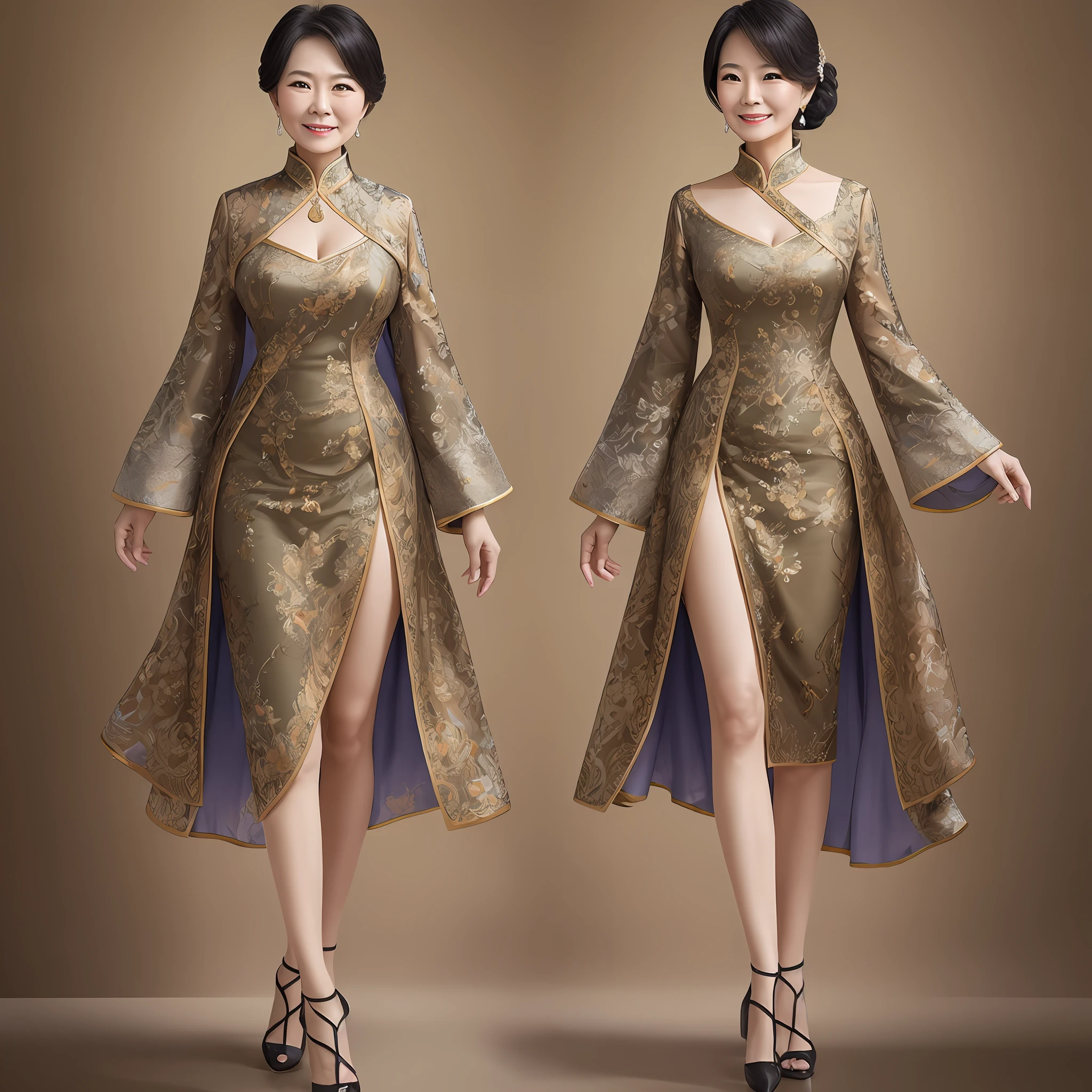 The design is typical of Asian mature women's full body portrait, detailed depiction, high precision, three views, high definition, smile, good body proportion, elegant, beautiful and delicate. --auto --s2