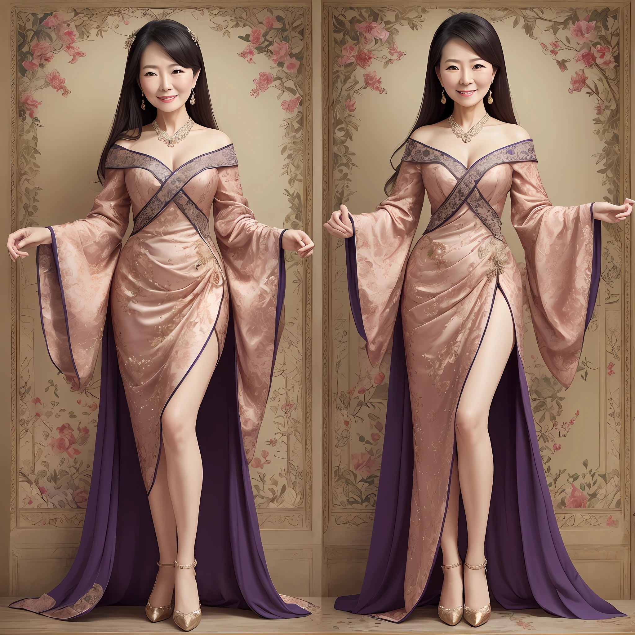 The design is typical of Asian mature women's full body portrait, detailed depiction, high precision, three views, high definition, smile, good body proportion, elegant, beautiful and delicate. --auto --s2