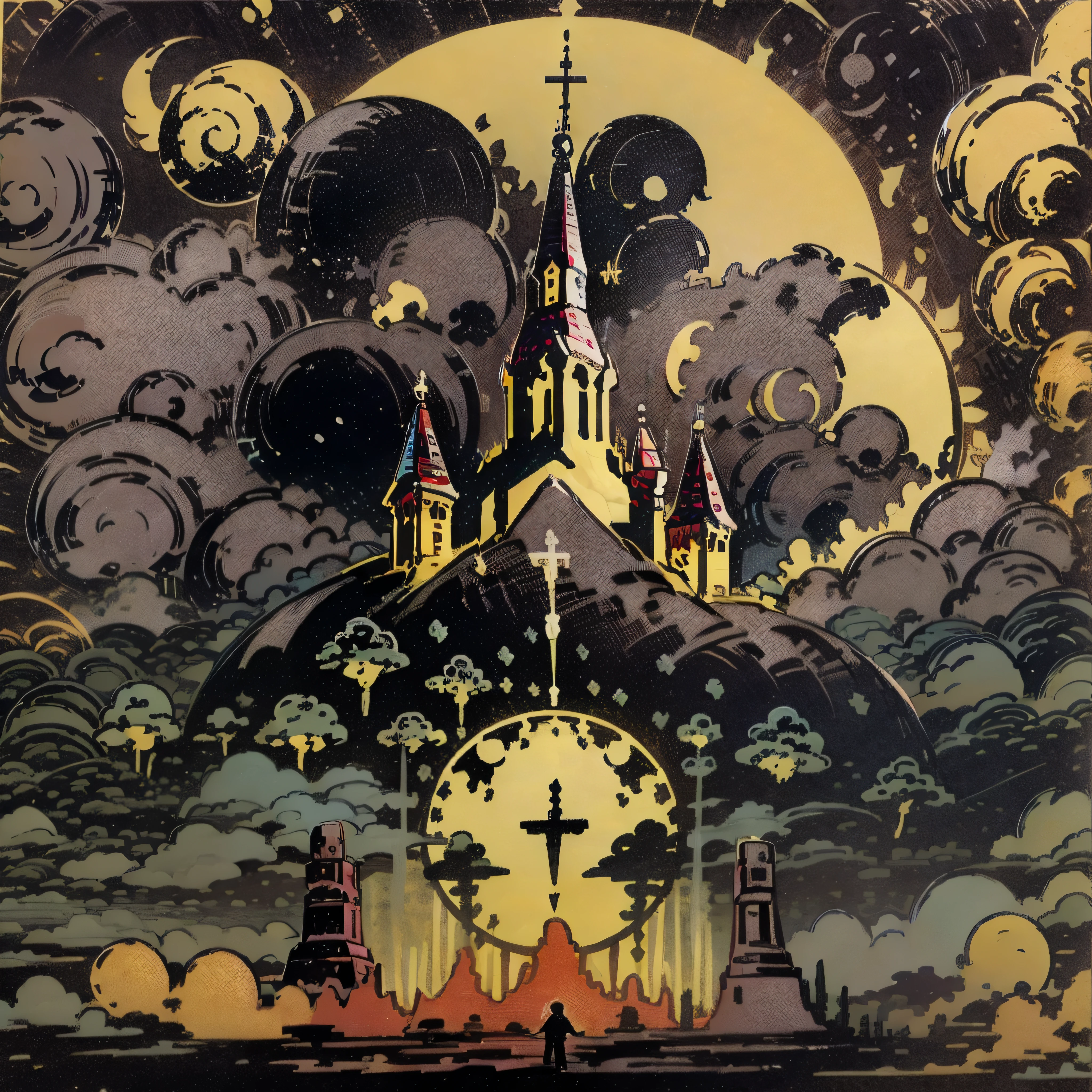 crie uma imagem de uma cidade medieval com uma cetedral, de dia no estilo anime fantasia, com uma lua cheia, a catedral devera estar ao fundo lua cheia mais aparente