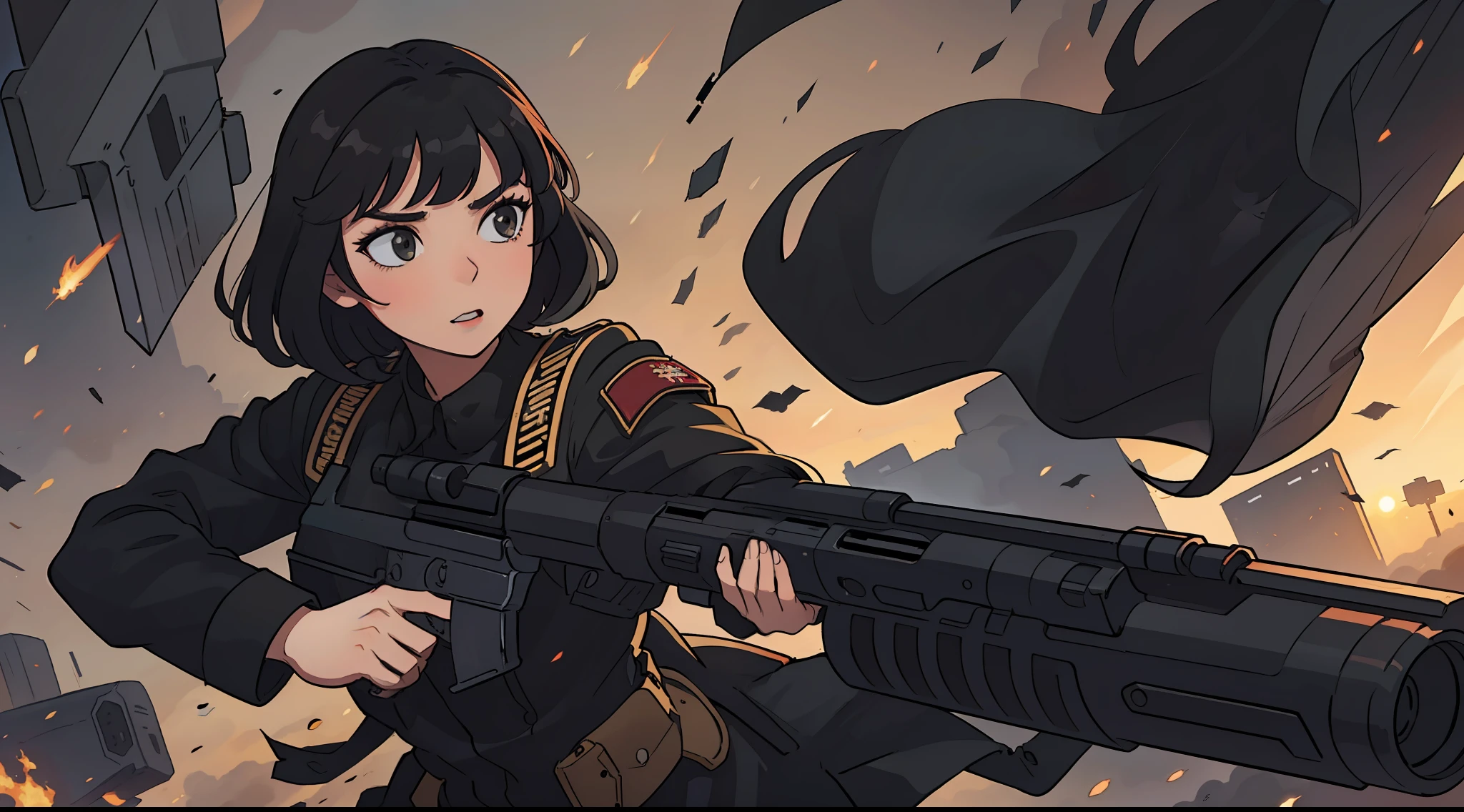 A beautiful black-haired woman wearing a black military uniform and she is in a shootout wielding her gun and firing at her enemies