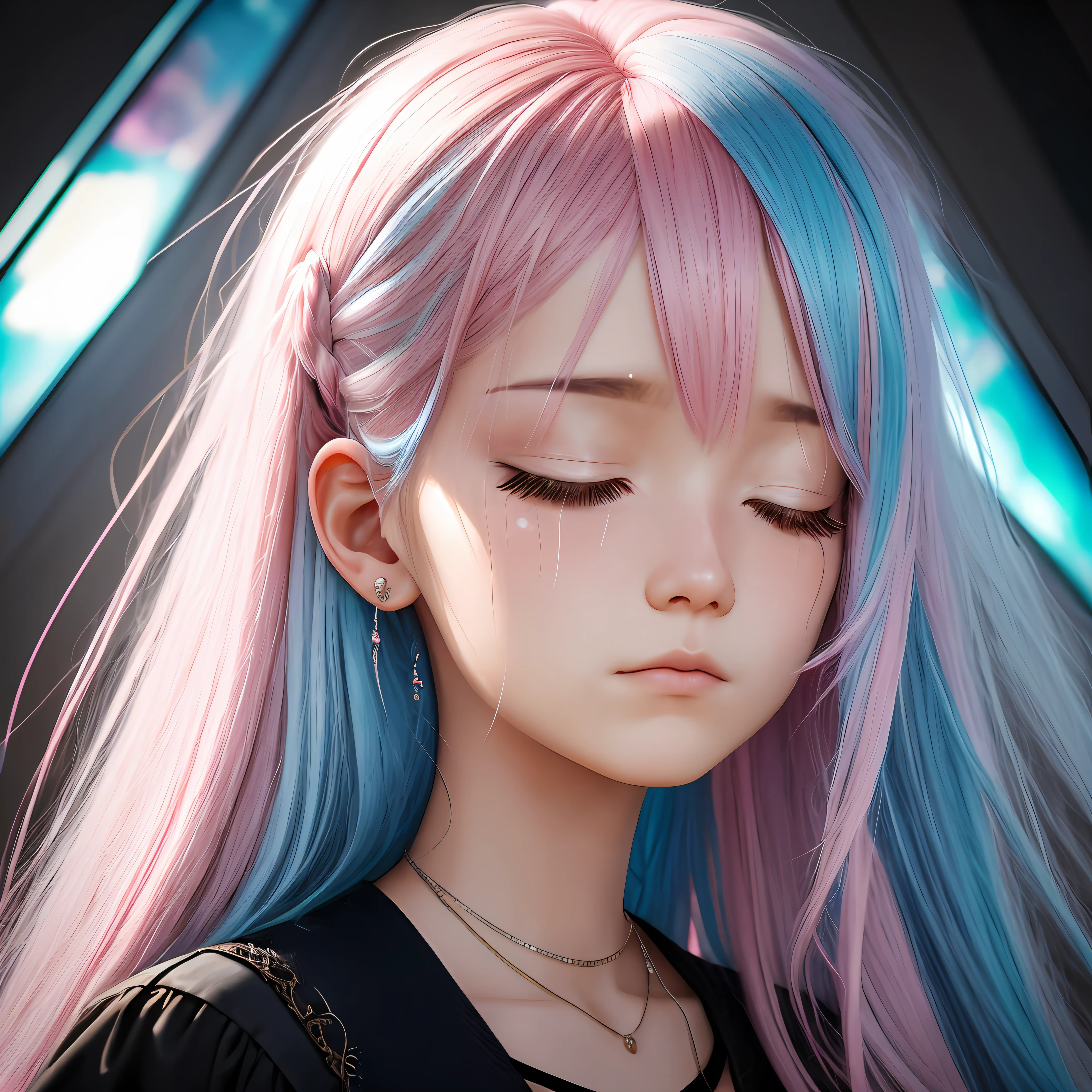 Pink hair, Striped hair, Light blue hair, Ear blush, Asymmetrical hair, Long hair, Parted bangs, Curly hair, Crying, saliva trail, surrealism, shadowing, anaglyph, stereograms, tachi-e, angle of view, Atmospheric perspective, High detail, multiple monochrome, Sparkle, Depth of field, f/2.8, 8K, Super detail, ccurate, Best quality, Award-Awarded, High details, hyper HD, High quality, Textured skin,With his eyes closed,saddened,Shouting, --auto