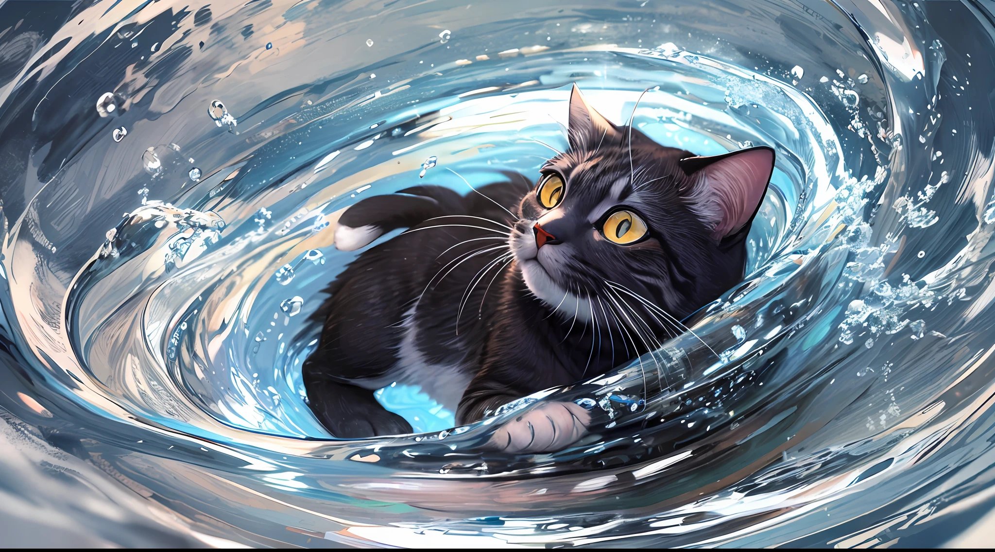 Illustration of a scene of a cat in a bubbling spiral of water.