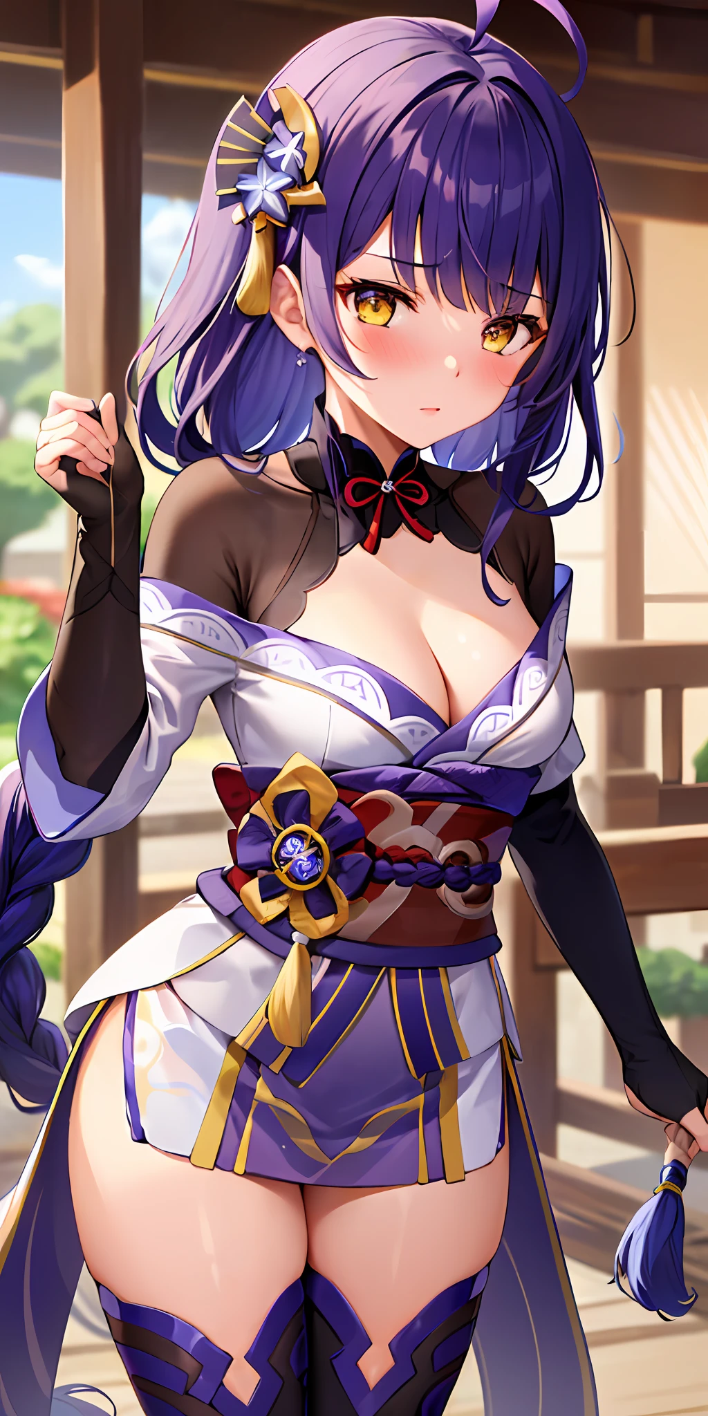 1girl, solo, long hair, hair ornament, ahoge, , wonderful breasts, small cleavage, thighs, (zhongli outfit genshin impact)(blushing:1.3), liyue style raiden shogun (genshin impact), shiny brown hair, yellow eyes, (zhongli outfit)