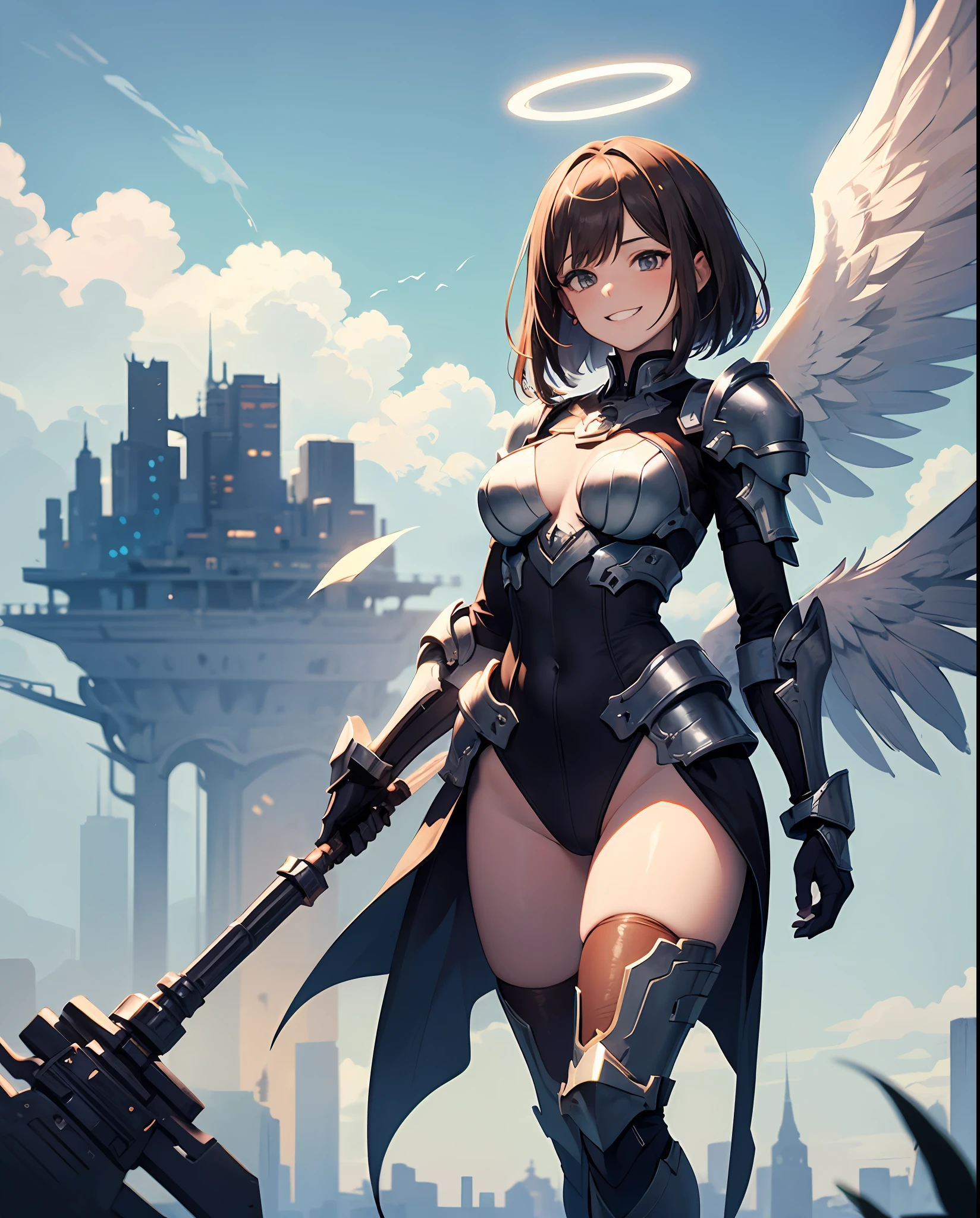 fantasy, 1angel_girl, loli,bwn_hair, medium_bob_hair, long_bangs, halo,bare_shoulder,thighhighs,silver_armor, waist_armor, large_breasts,grinning,teeth, 1pair_wings, dynamic_pose_fighting,floating, bare_crotch, headgear,gauntlet, greaves,city_sky_background,slightly_spread_legs, solo, groin_naked
