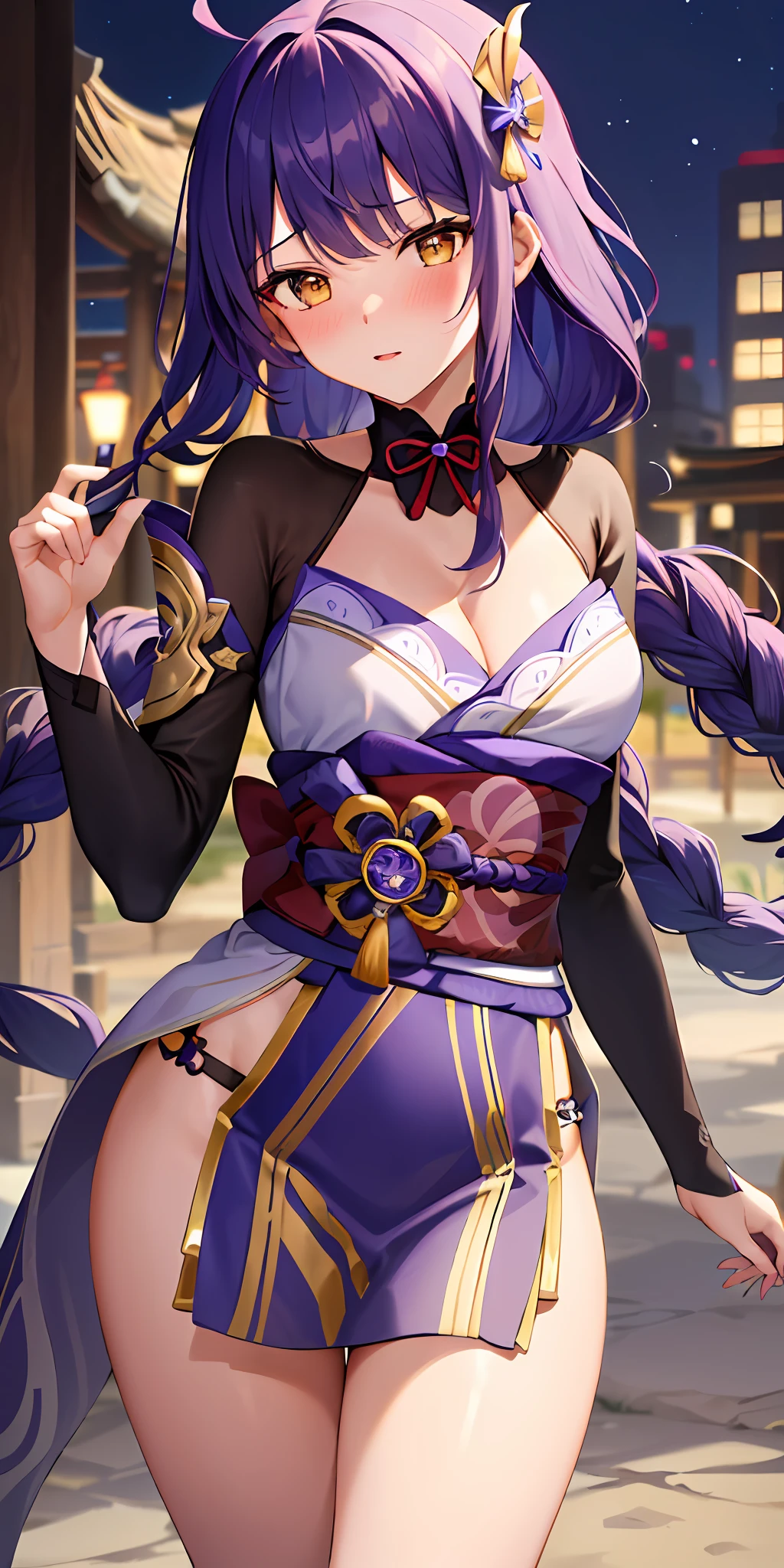1girl, solo, long hair, hair ornament, ahoge, , wonderful breasts, small cleavage, thighs, (zhongli outfit genshin impact)(blushing:1.3), liyue style raiden shogun (genshin impact), shiny brown hair, yellow eyes, (zhongli outfit)
