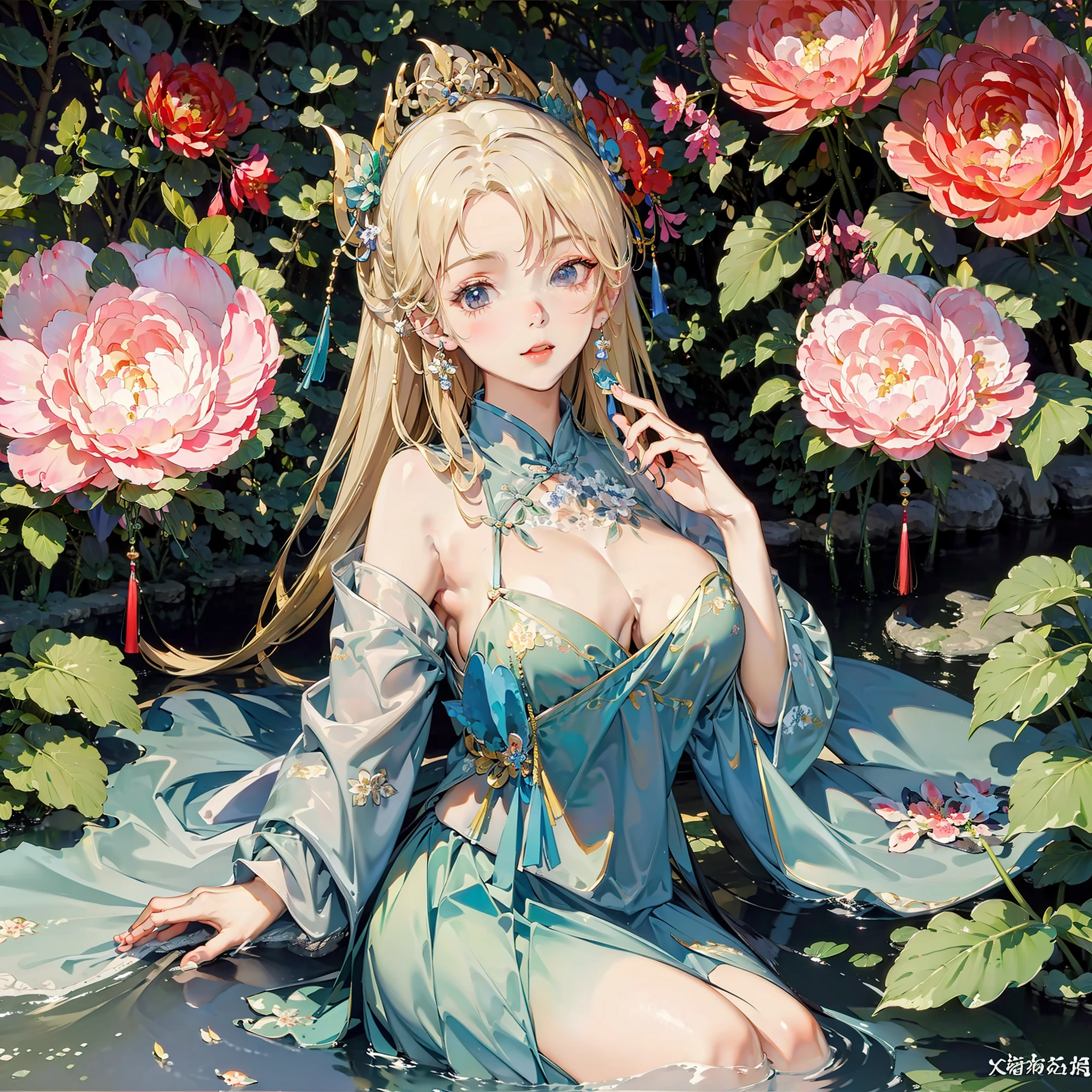 Excellent image quality，tmasterpiece，8K quality，woman，爆乳，big breasts exposed cleavage，I didn't wear it on my lower body，Bust-length skirt，Sideburns peony flower，Begonia flowers cover the left eye，Eyes half-open，Blonde crown，