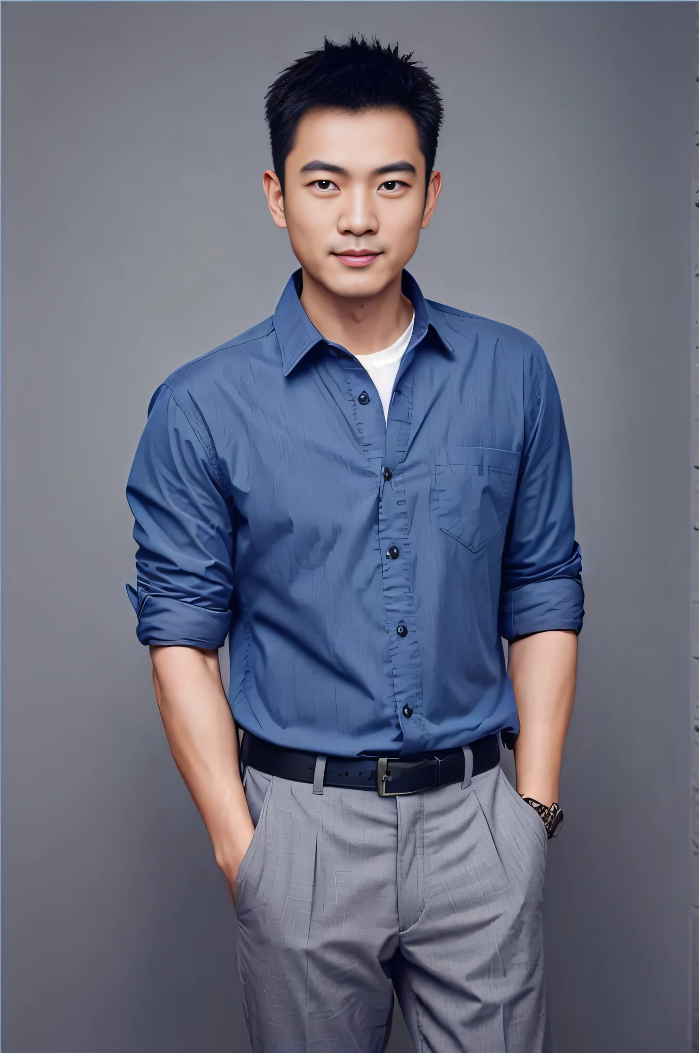 Allafard Asian man in blue shirt and gray pants, like andy lau, jonny wan, Bo Feng, jia zhangke, handsome chad chin, Leng Jun, song nan li, Lu Ji, style of guo hua, xue han, inspired by Victor Wang, steve zheng, inspired by Ma Wan, xintong chen,4k画质,Ultra HD face detail,Textured skin,HighestQuali,Vertical painting shadows,atmospheric distance sense,Smile confidently --auto