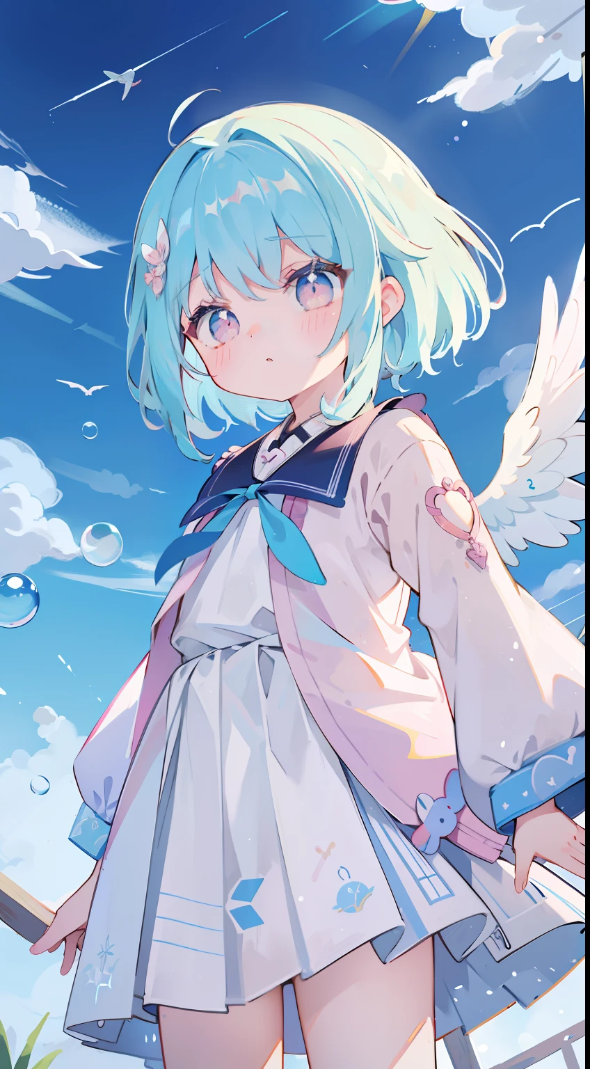 One girl、cute little、校服、pluma、flying though the air、mid air、soap bubbles、​masterpiece、top-quality、Top image quality、lightblue hair、Pink eyes、Asymmetrical hair、Angel wings、splatters、Skysky、Beautiful sky