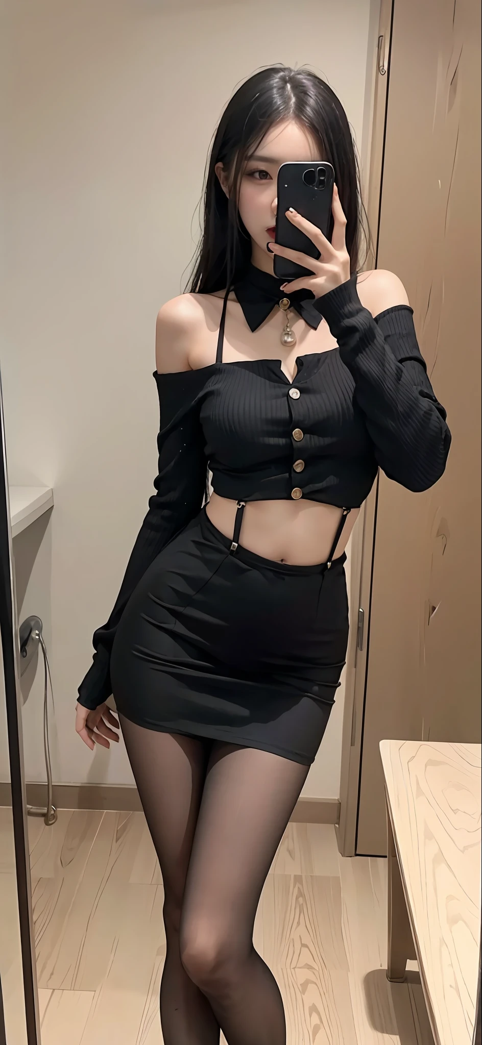 There was a woman dressed in black taking a picture of herself, 8K pixels,Ultra-clear,ultra-realistic realism,The face is clear,very sexy outfit, Sexy outfit, wearing sexy cropped top, Sexy look, intriguing outfit, cruel korean goth girl,Wearing suspender stockings pantyhose, revealing outfit, Sexy dress, Sexy pose, she is dancing. Realistic, Clothing that exposes, sexy look at the camera, Sexy style, wearing black clothes, Attractive pose,A sexy pose,perfect body figure,No chest baring,Not exposed,Clear fingers,