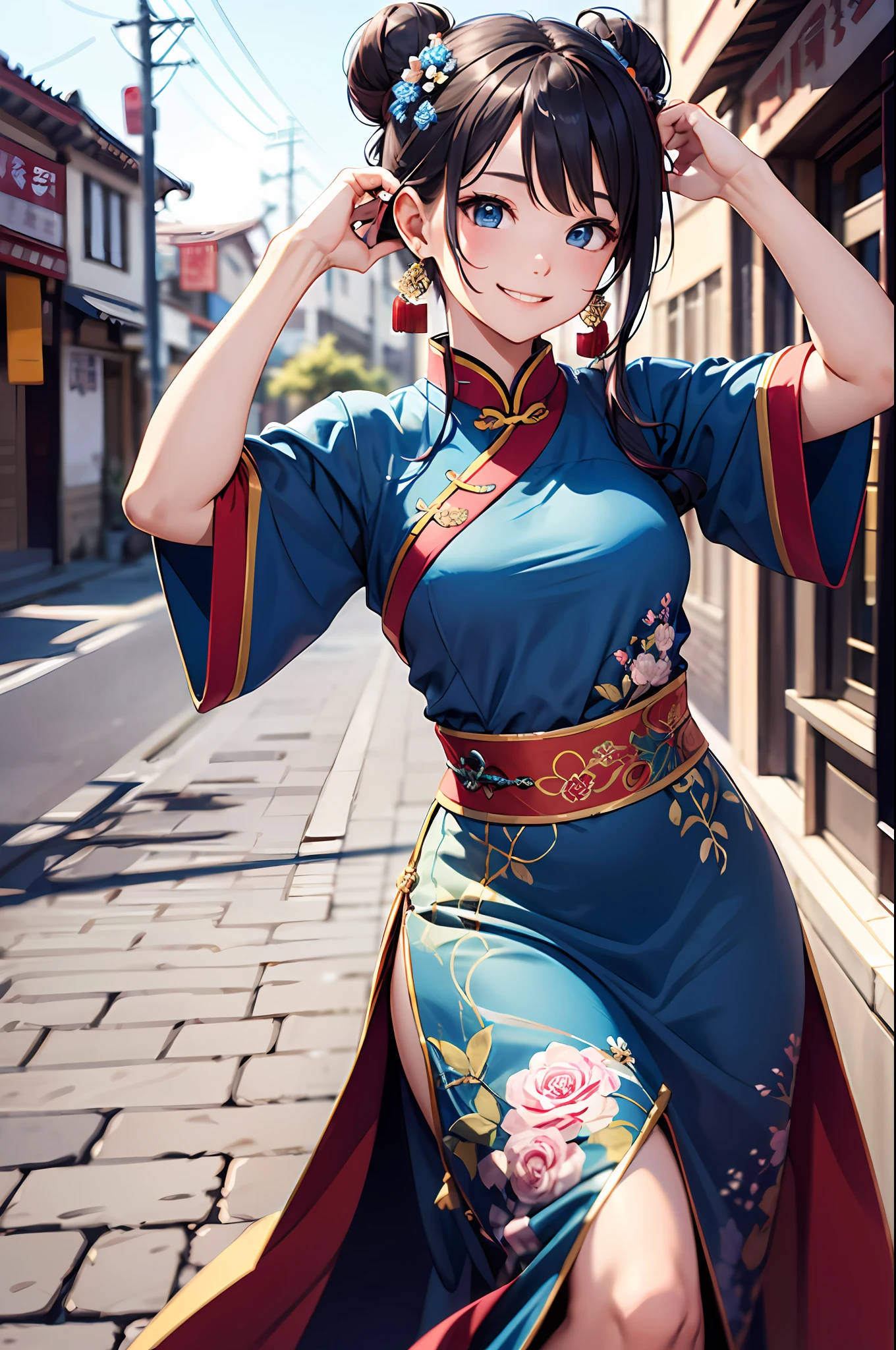 (top-quality、in 8K、32K、masterpiece、UHD、ighly detailed:1.2)、sideshot、Full body, blue open sky、Chinese towns、beauitful face、blurry backround、20-year-old beauty、shinny skin、Maroon hair、Bun hair、Blue eyes、china clothes、Floral hair ornament、raise arms、a smile、