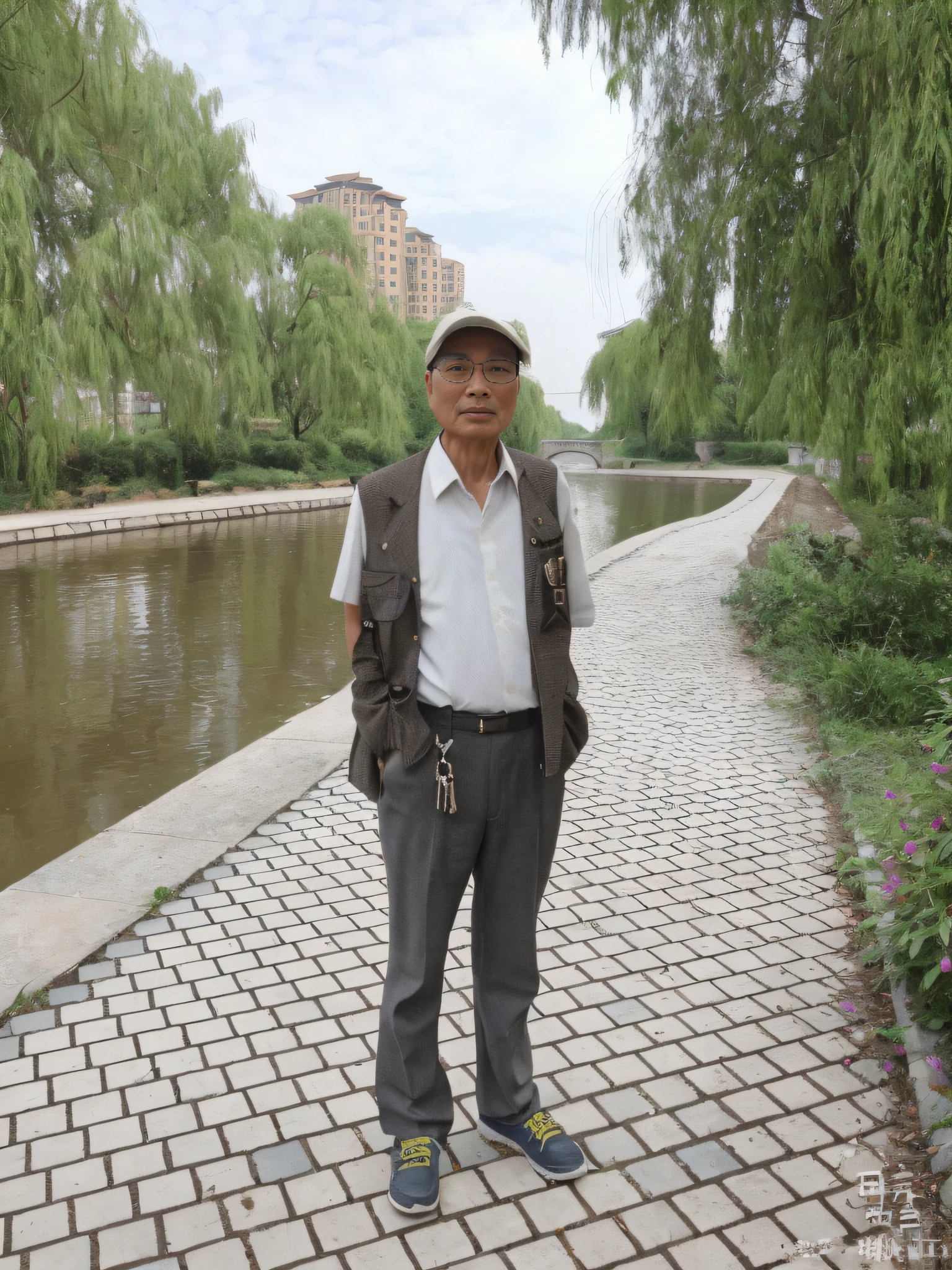 There was a man standing on a brick sidewalk by the river, huifeng huang, Zhang Pengzhen, xiaoguang sun, wang liang, chengwei pan, qi sheng luo, photograph taken in 2 0 2 0, xiaofan zhang, yintion j - jiang geping, xintong chen, jinyiwei --auto