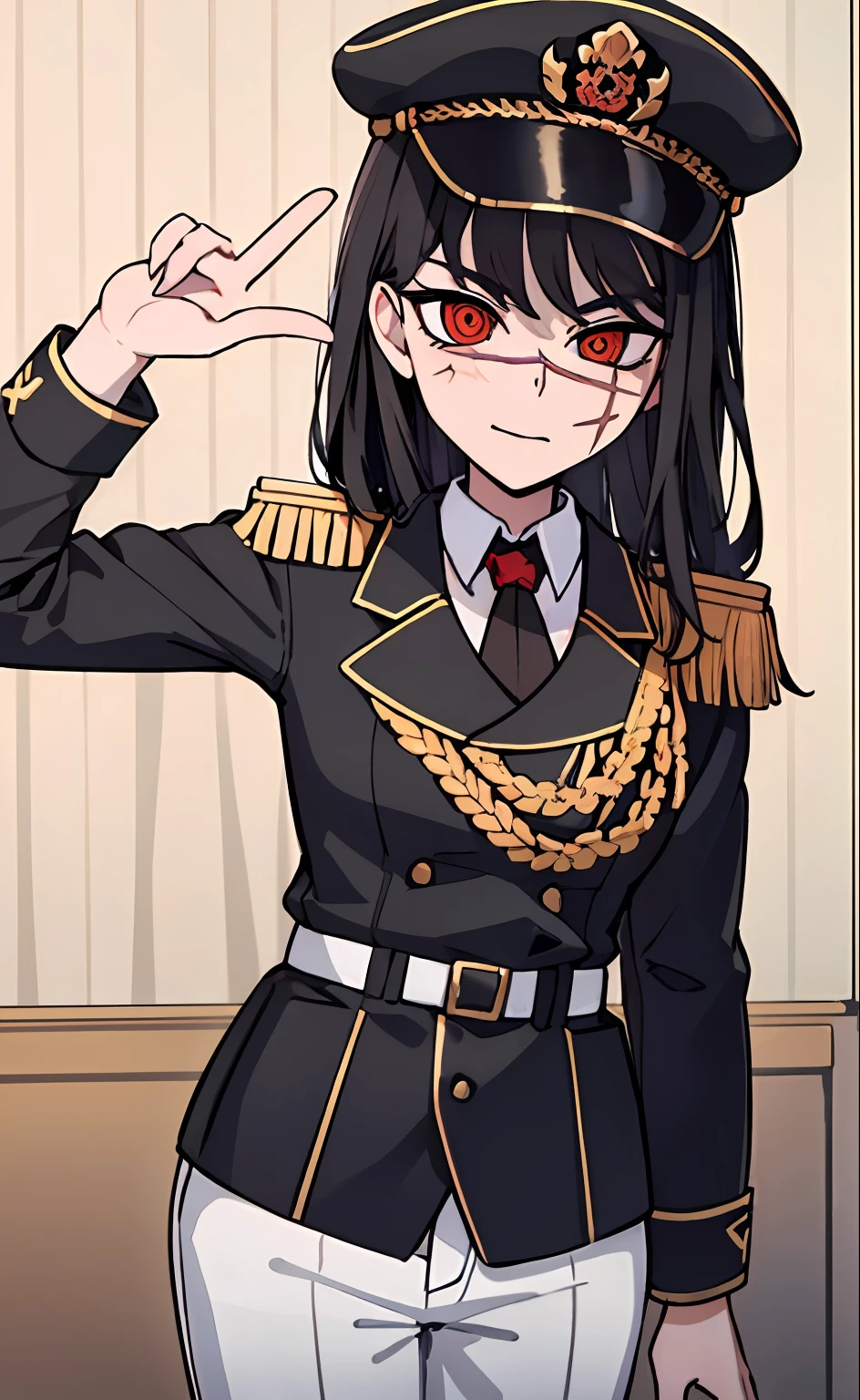 (masterpiece, best quality: 1.2), Solo, 1girl, Yoru \(Chainsaw Man\), looking at the viewer, different poses, red eye, long hair, completely black hair, reference to clothing of a German WWII general, black long sleeves (best quality), scar on face, beautiful eyes, has only 2 arms, has war medals on his clothes, Black Military Cap, Golden Eagle Medal on Clothing, (Wallpaper), (8K HD), (8K HD), Golden Shoulder Pads, Sprites, 1 Single Design (masterpiece, best quality: 1.2), Solo, 1girl, Yoru \(Chainsaw Man\), looking at the viewer, smile, happy, different poses, red eye, long hair, completely black hair, reference to clothing of a German WWII general, black long sleeves (best quality), scar on face, beautiful eyes, has only 2 arms, has war medals on his clothes, black military cap, golden eagle medal on clothing, (wallpaper), (8K HD), (8K HD), (8K HD), golden shoulder pads, sprites, 1 single design