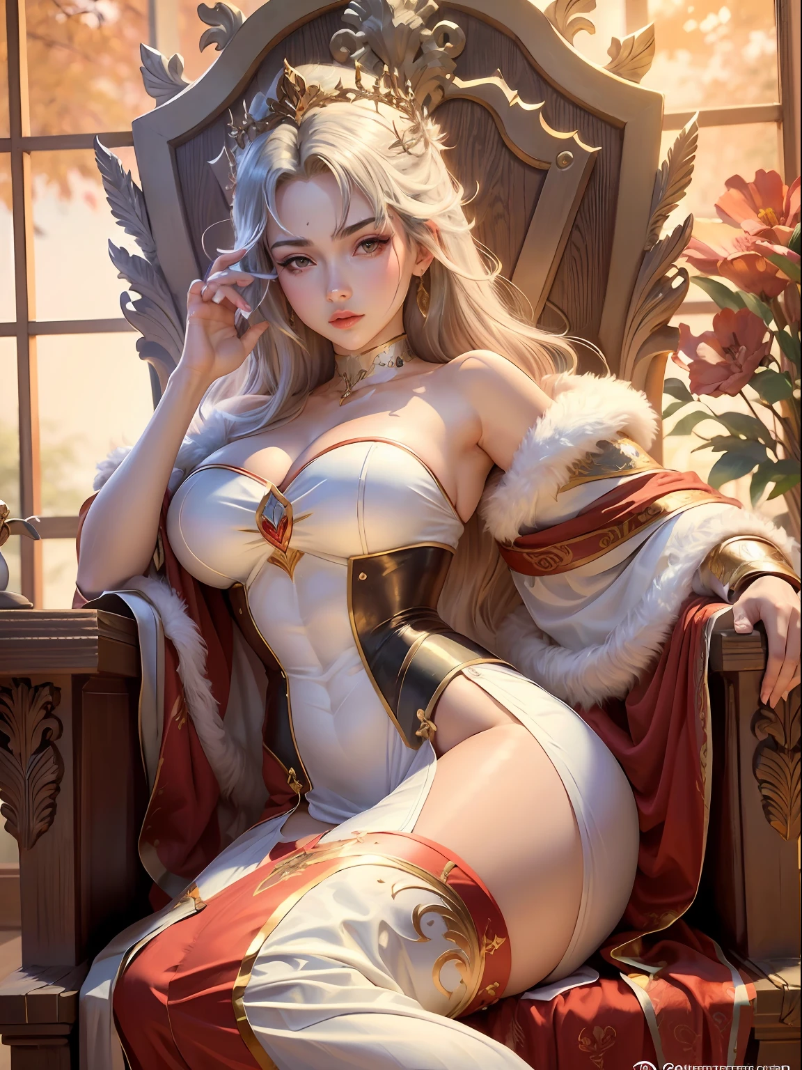 uma mulher guerreira de cabelos ruivos sexy, sentada em um trono coberto de pele, rosto vermelho, estilo anime, seminua, pose sexy, perna aberta, deitada, (espalhar