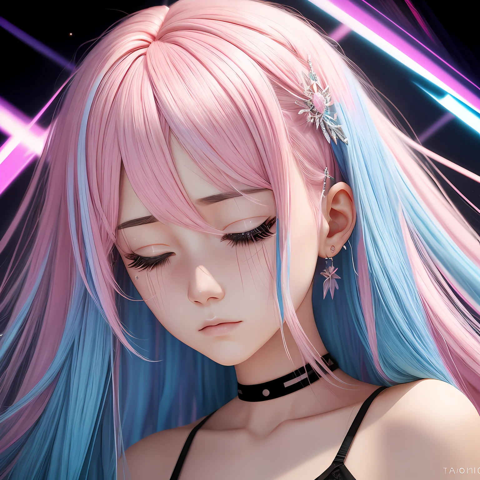 Pink hair, Striped hair, Light blue hair, Ear blush, Asymmetrical hair, Long hair, Parted bangs, Curly hair, Crying, saliva trail, surrealism, shadowing, anaglyph, stereograms, tachi-e, angle of view, Atmospheric perspective, High detail, multiple monochrome, Sparkle, Depth of field, f/2.8, 8K, Super detail, ccurate, Best quality, Award-Awarded, High details, hyper HD, High quality, Textured skin,With his eyes closed,saddened,Shouting, --auto