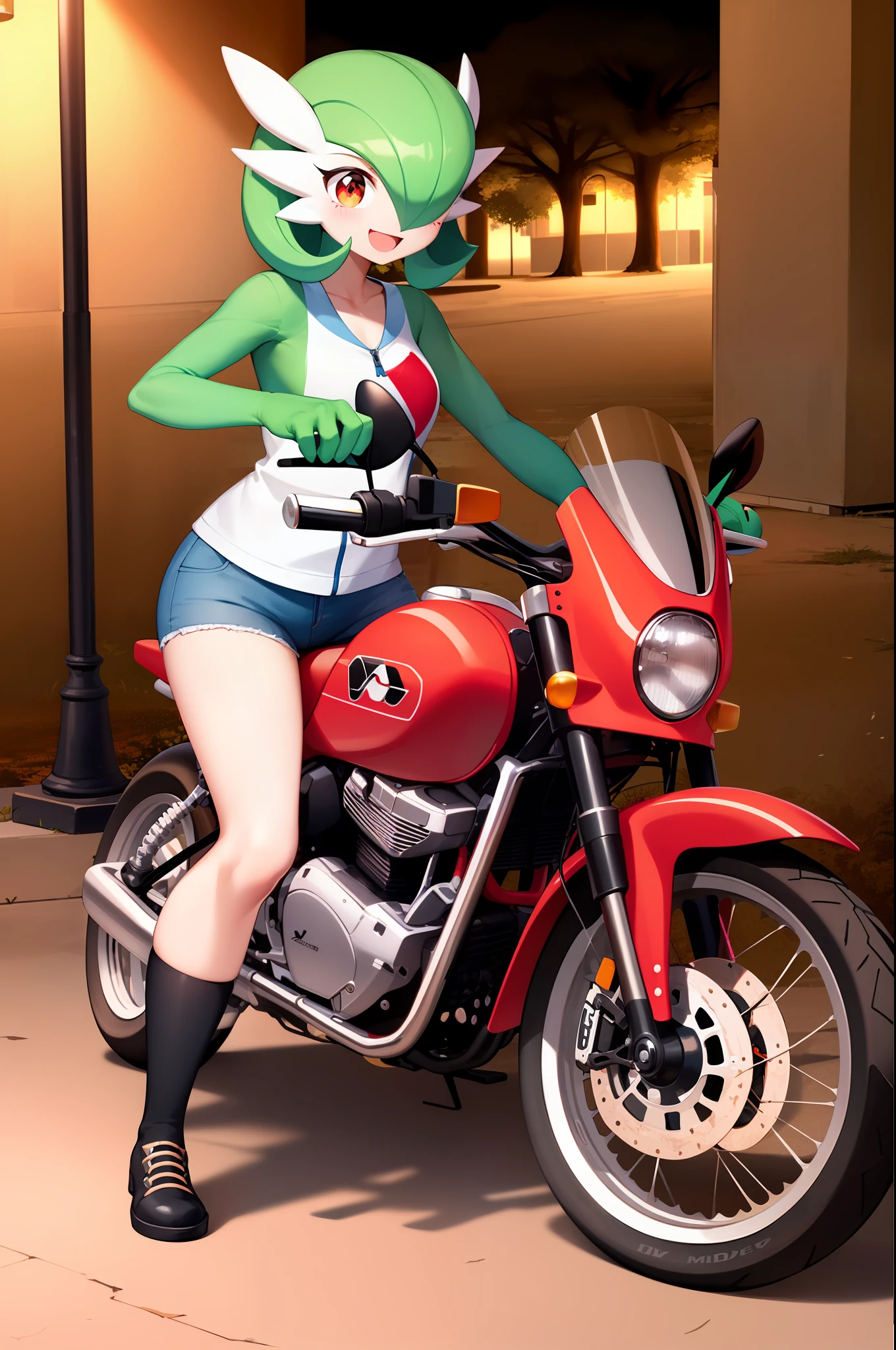 obra maestra, best_quality, 1girl, solo, gardevoir, pokemon \(criatura\), cabello verde, ojos rojos, en una ciudad, de noche, sonrisa, usando shorts, camisa roja, uniforme de pizzeria, lleva una caja de pizza en la mano, caja para pizzas, uniforme ajustado, senos femeninos, senos medianos, detras de ella hay una moto, moto vezzpa.