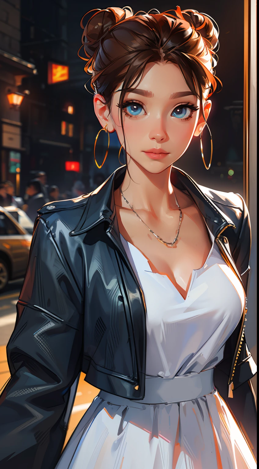 Best Quality, Masterpiece, hight resolution, 1girl,Chinese dress,hair ornament,necklace, Jewelry,beatiful face,UPON_body, Tyndall effect,Photorealistic, dark studio, rim lighting, dual tone lighting,(high skin detail:1.2), 8K UHD, dslr, soft-lighting, hiquality, voluminous lighting, candid, a photo of a, High Resolution, 4k, 8K, bokeh, The environment is blurry and elegant, Model, High contrast required, jewels, earings, Upskirt, Shirt, jacket, brown hair, white shirt, A bracelet, hair bun, single hair bun, long skirt, closed mouth, Hoop earrings, blue jacket, sleeves rolled up, Revealing clothes, makeup, white skirt, Detailed hair, very detailed eyes