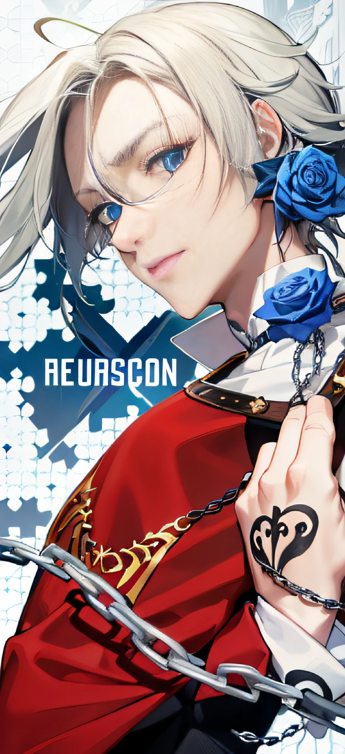 Kaiser is a tall young man with blue eyes and blond hair. He has a mullet with blue stripes at the ends of his hair. Kaiser too、I have a blue rose tattoo on my neck, turns into intertwined thorny stems like chains,、Under the left arm、Culminates in a crown with a keyhole in the left hand. He usually、Seen wearing a bastard Munich with red and black and gold stripes #Black and gold striped socks and sneakers、10 long-sleeved shirt uniforms.