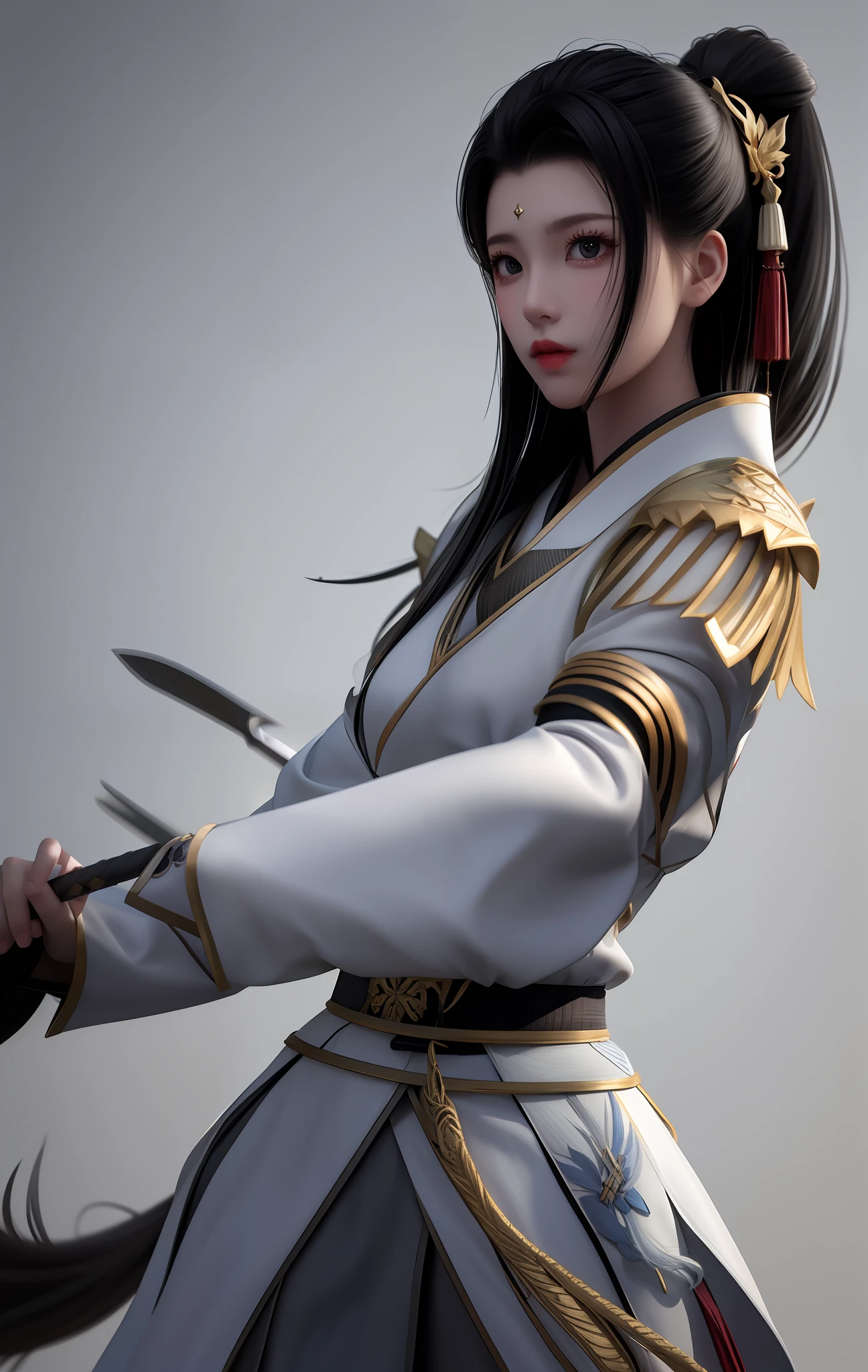 Woman Long Hair Drawing Sword Background Top of Mount Tarzan White clothes Black hair Plump