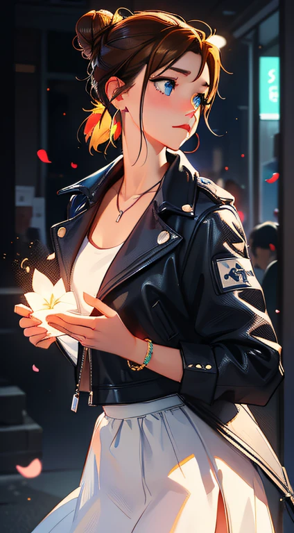 The environment is blurry and elegant, Model, High contrast required, jewels, earings, Upskirt, Shirt, jacket, brown hair, white shirt, A bracelet, hair bun, single hair bun, long skirt, closed mouth, Hoop earrings, blue jacket, sleeves rolled up, Revealing clothes, makeup, white skirt, Detailed hair, Very detailed eyes from 4 to, Glowing sky, vibrant glow, anime clouds, makoto shinkai cyril rolando, Sylvain Sarrail, Anime Art Wallpapers 8K, inspired by Sylvain Sarraille, 4K digital art with high detail, Octane rendering, bioluminic, concept art in 8K resolution, 真实感, by Mappa studios, tmasterpiece, beste-Qualit, official arts, illustartion, clear line, (Cool_Color), Perfect composition, absurdress, phantasy, focus, the rule of thirds