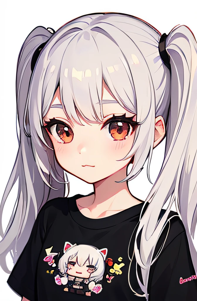 absurdres, 1girl, brown eyes, twintails, long hair, white hair, wide-eyed, eyelashes, looking at viewer, twitchemote, upper body, white background, t-shirt, chibi, emote, facing viewer, (:3:1.0), blush