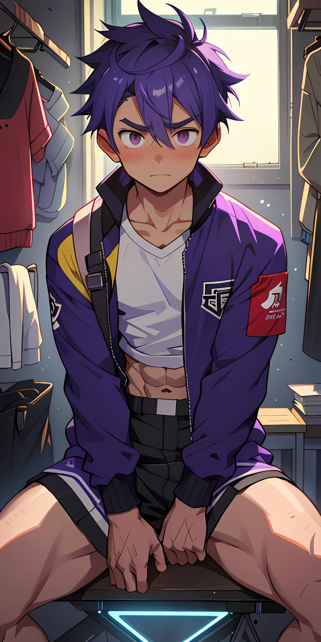 (masterpiece, best quality), 1boy, younge boy，Shyness blush，musculous, short blue-purple hair, Dark gray eyes, 复杂, (dress room), full bodyesbian, White baseball uniform, Open light purple jacket, Pectoralis abdominal muscles，vivd colour,(depth of fields:1.2),(abs),Be red in the face，looking at viewert，A piano，spread their legs，neonlight，Colorful light effects，Fluorescent effects