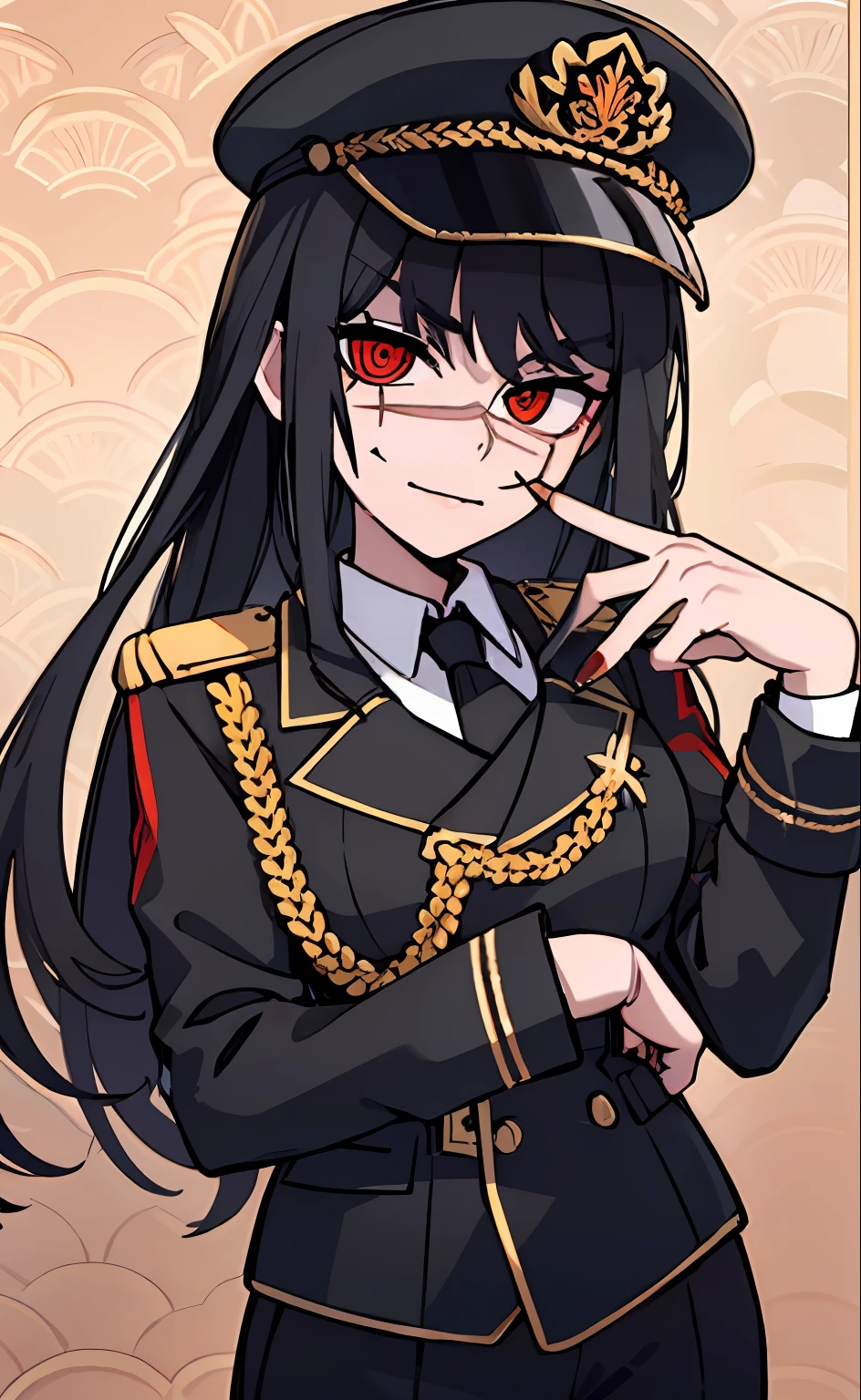 (masterpiece, best quality: 1.2), Solo, 1girl, Yoru \(Chainsaw Man\), looking at the viewer, different poses, red eye, long hair, completely black hair, reference to clothing of a German WWII general, black long sleeves (best quality), scar on face, beautiful eyes, has only 2 arms, has war medals on his clothes, Black Military Cap, Golden Eagle Medal on Clothing, (Wallpaper), (8K HD), (8K HD), Golden Shoulder Pads, Sprites, 1 Single Design (masterpiece, best quality: 1.2), Solo, 1girl, Yoru \(Chainsaw Man\), looking at the viewer, smile, happy, different poses, red eye, long hair, completely black hair, reference to clothing of a German WWII general, black long sleeves (best quality), scar on face, beautiful eyes, has only 2 arms, has war medals on his clothes, black military cap, golden eagle medal on clothing, (wallpaper), (8K HD), (8K HD), (8K HD), golden shoulder pads, sprites, 1 single design