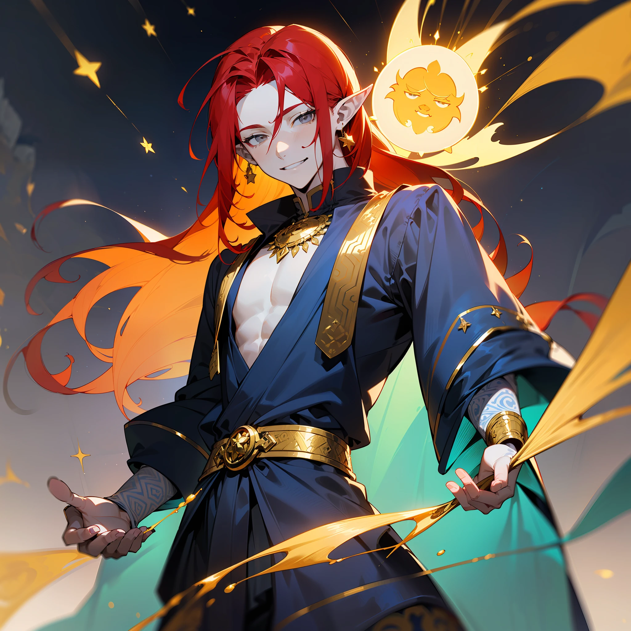 one young man, (((male))), (((man))), (((one person))), (((single))), (((solo))), 1guy, (((very pale skin))), ((pale skin)), (((red hair))), ((red colored hair)), (((grey colored eyes))), long hair, slim body, ((flat chest)), ((wearing fantasy clothes)), ((fantasy style)), (((indigo colored clothes))), (((indigo clothes))), ((black colored clothes)), ((golden details)), ((patterns on clothes)), (((fantasy patterns on clothes))), (((magical patterns on clothes))), ((wearing golden accessories in hair)), ((golden jewellery)), ((pointy ears)), (((grey eyes))), smooth skin, (stars decoration), sun moon decoration, magic, ((male face)), smiling, (((casting a magic spell))), (((casting a spell))), sorcerer
