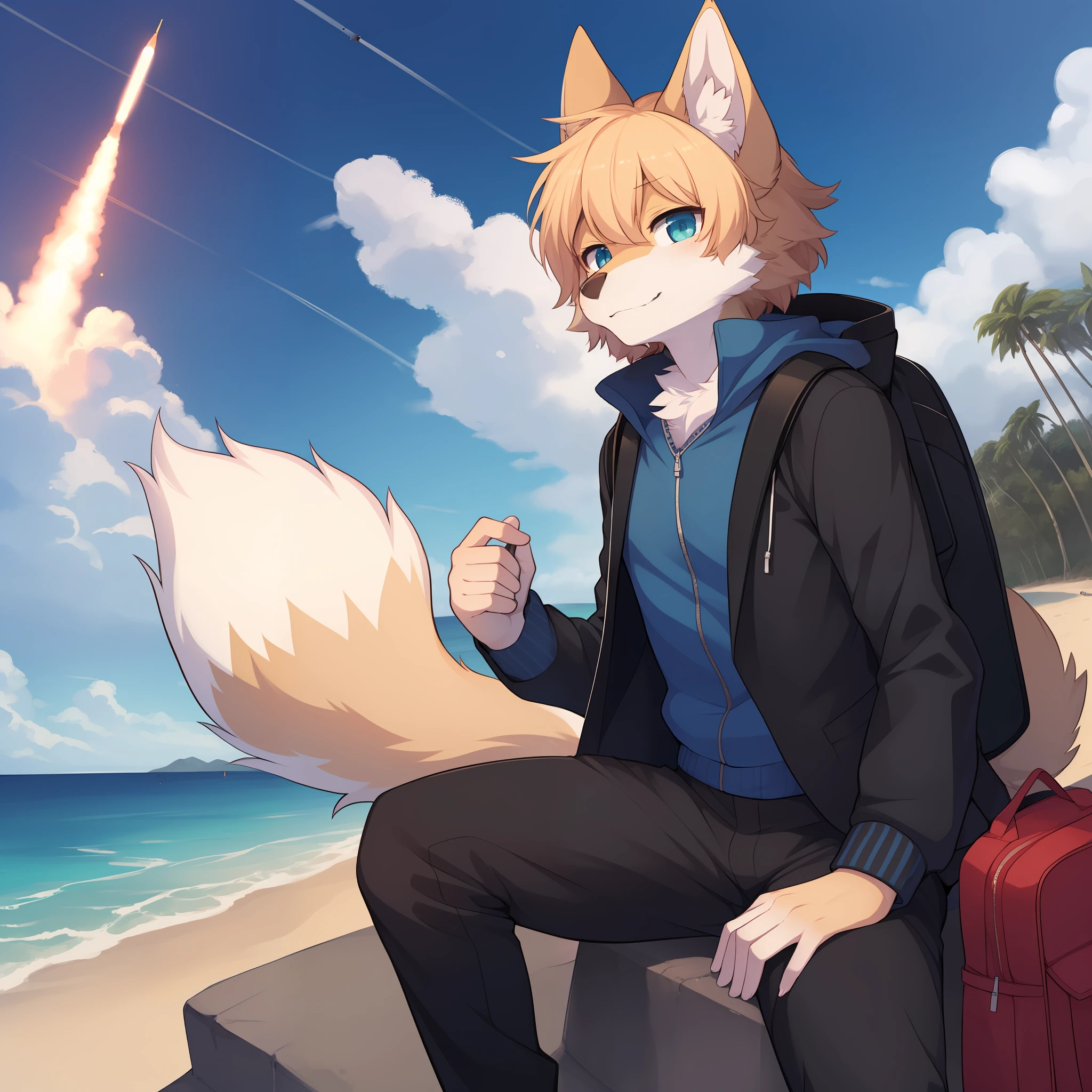 Furry art,(anthro,Fluffy fur,Character focus:1.1),by Dagasi, Yupa,Kiyosan,coyote,Male,Solo,SFW,Short hair,eyes with brightness,Hairy male，Dark blue eyes，Mint green fur，Blue sweatshirt，Black pantsuit，Black backpack，Satellite launch site by the sea，Rockets in the air