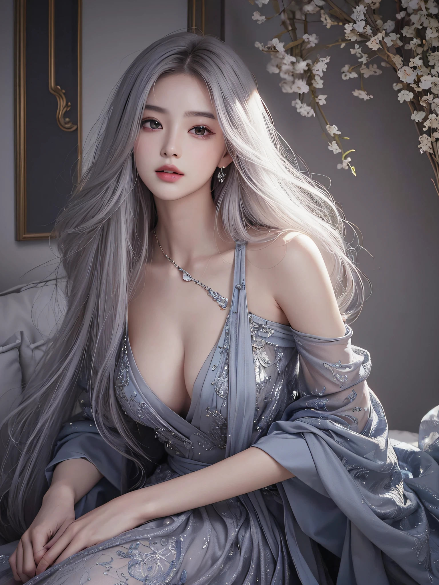 tmasterpiece, Best picture quality, high high quality, Beutiful women, jpn, Popular Korean makeup, A detailed, Swollen eyes, Detailed eyes, Detailed skins, Beautiful skins, 超A high resolution, (Realistis: 1.4), is very beautiful, Slightly younger face, Beautiful skins, Slim, (Ultra photo realsisim), (illustratio), (A high resolution), (8K), (The is very detailed) (Most Best Illustration), (Beautiful detailed eyes), (ultra-detailliert), (the wallpaper), (A detailed的脸), looking at viewert, finely detailled, A detailed的脸,pureerosfaceace_V1,ssmile,Staring straight ahead,Staring straight ahead,From the angle of waist up,photograph of-realistic,Bright lights,profesional lighting,Silver hair,long whitr hair,Dark ruins,shift dresses,Mature woman,Long, stylish bangs,