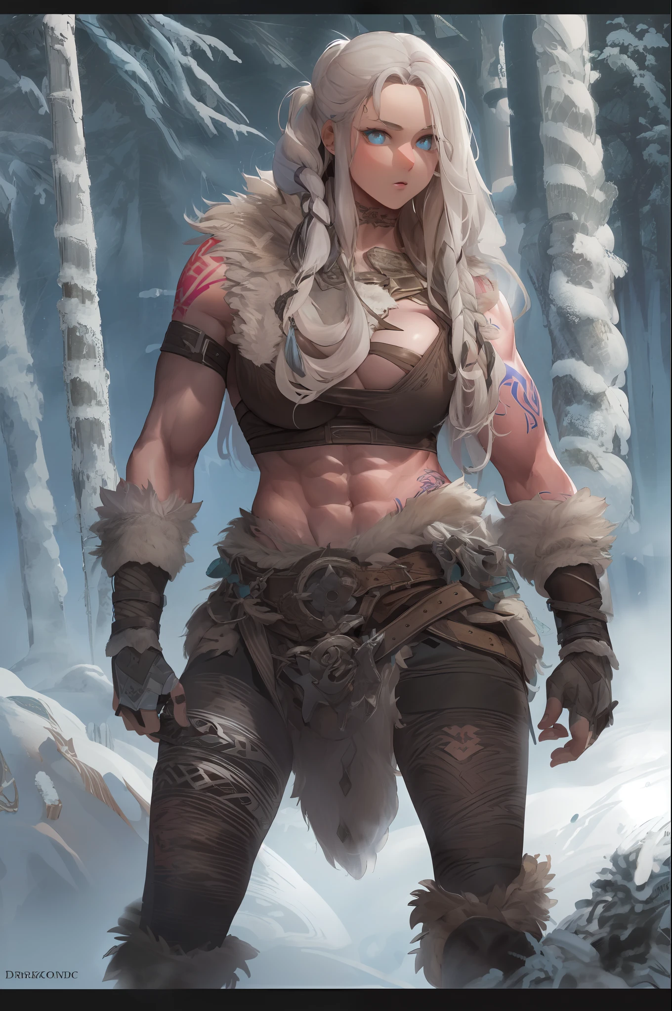 solo Female viking, (young:1.2), (muscular:1.2), fit, wearing brown furs and hides, (wearing furs:1.3) (blue norse tattoos:1.2), blue eyes, platinum blonde hair, (Dreadlocks:1.7), (Dreads:1.4), (Sideshave:1.6), warrior hair, Setting is a Scandinavian forest in winter, snow, bare arms, exposed naval, (abs:1.2). Highly detailed, norse, berserker, arm muscles, leg muscles, (bulky:1.2), leather straps, (large breasts:1.3), waist up, wide waist, stocky, (tall:1.4)