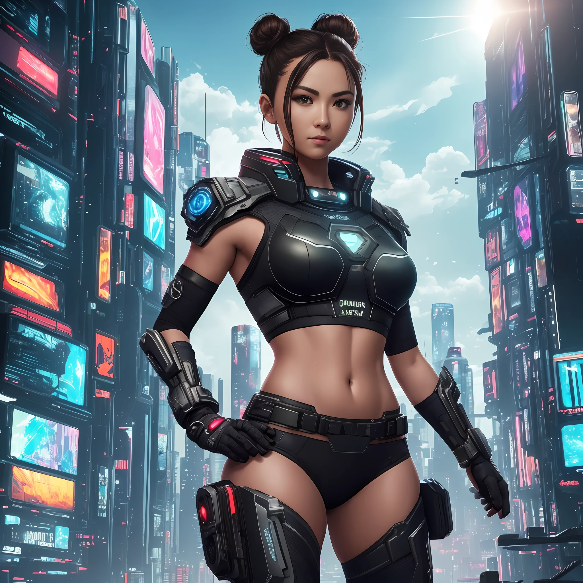 woman in her 20s, chunnis, full body, action poses. (perfect face), defined jawline, beautiful brown eyes, beautiful lips, (short brown hair, hair bun, double bun), (perfect ???????), (athletic body), (sexy), (thick thighs), (perfect hands), red and black underwear), tight clothes, spiky bracelets, looking at viewer, (medium full shot photograph), (apocalyptical landscape with galaxias background with nebulas, clouds, stars ((Best quality)), ((masterpiece)), (highly detailed:1.3), 3D, beautiful (cyberpunk:1.2) special forces, robort,female with thick voluminous hair wearing (wearing camouflage_uniform:1.1), body underwear armour,:1.3),HDR (High Dynamic Range),Ray Tracing,NVIDIA RTX,Super-Resolution,Unreal 5,Subsurface scattering,PBR Texturing,Post-processing,Anisotropic Filtering,Depth-of-field,Maximum clarity and sharpness,Multi-layered textures,Albedo and Specular maps,Surface shading,Accurate simulation of light-material interaction,Perfect proportions,Octane Render,Two-tone lighting,Wide aperture,Low ISO,White balance,Rule of thirds,8K RAW,Efficient Sub-Pixel,sub-pixel convolution