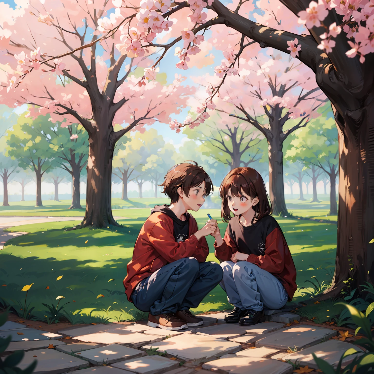 two children playing under a tree, the girl with brown hair and red clothes, the boy with brown hair, blue sweatshirt and black pants. mothers looking in the background.