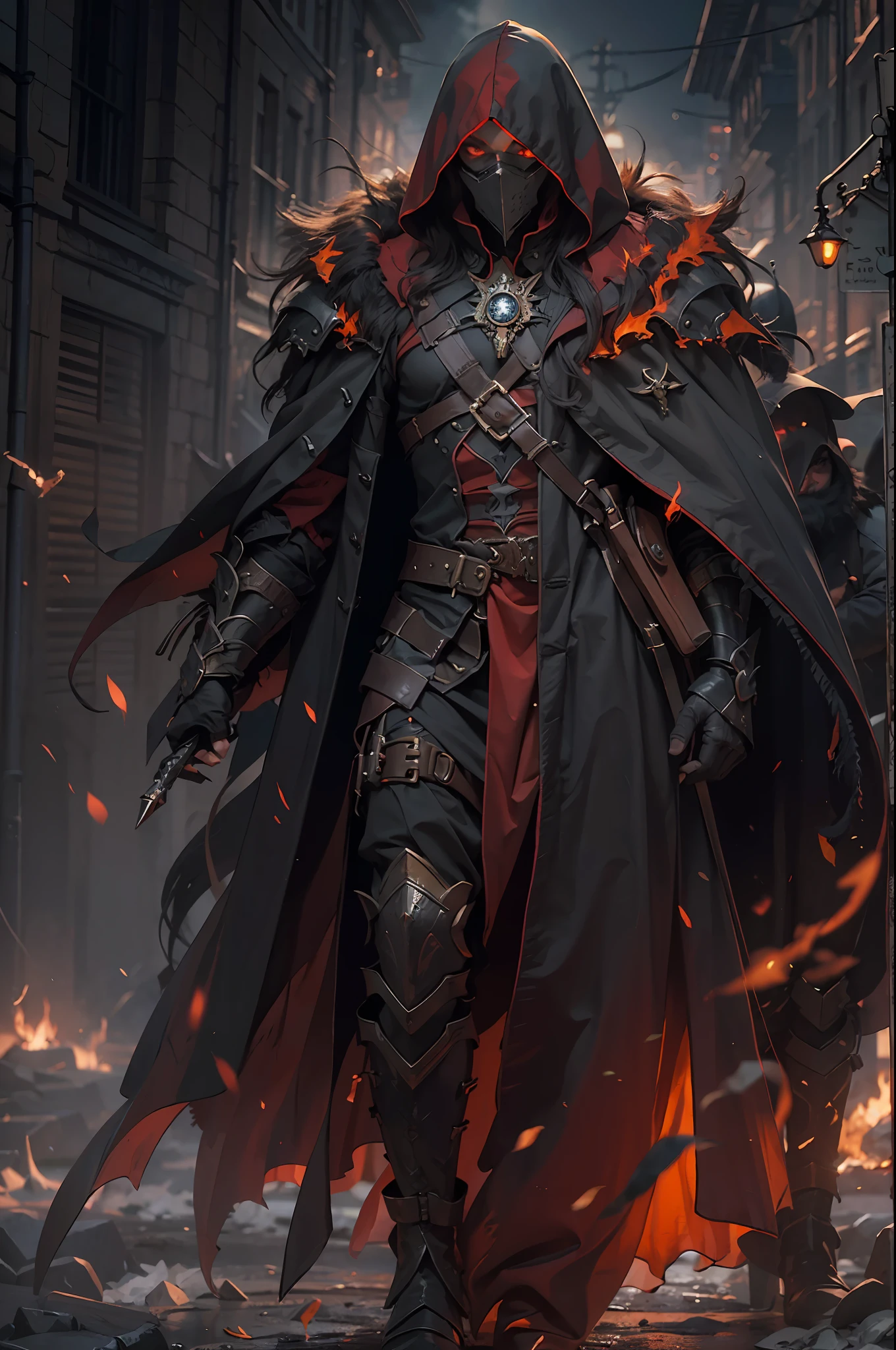 (ultra-detailed CG unity 8k wallpaper, masterpiece, best quality, depth of field, HDR, intricate), tall sinister dark killer wearing a metal mask with bright red eyes of dark and light armor with a discreet red cape behind with sharp daggers in his arms walking in a burning village, (intricate: 1.4) (masterpiece: 1.4) (illustration: 1.4), red studio lighting, post-processing, 8k resolution, dark background, imposing, meticulously composed photos, impressive, dark fantasy (by Greg Rutkowski: 1.2), (by daarken: 1.5)