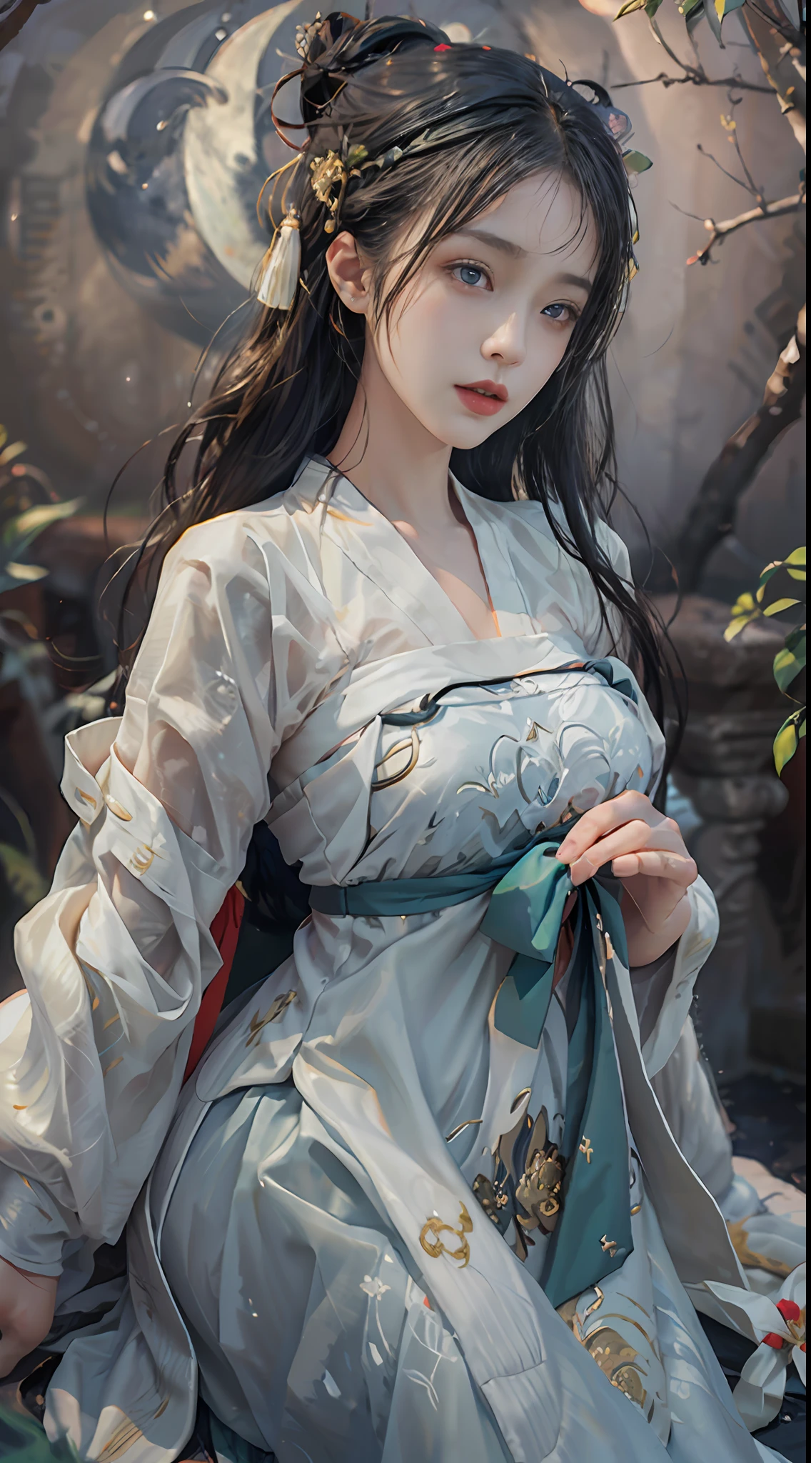 a 20-year-old woman, a girl Chinese fairy, gloom face, beautiful Chinese fairy tale face, beautiful face without flaws, slender body, fair skin, thin and beautiful lips, soft smile, keep your mouth shut again, (The scene of the moonlight is magical:1.8), the full moon shines, moonlight, the moon, (luxury house in ancient Chinese style:1.2), Chinese-style bun hair, shiny black hair, flying hair, long hair, blue eyes sad gaze, twinkle eyes, big round eyes and very nice and detailed makeup , holy woman body, breasts round, big and round breasts, a beautiful face in detail and well-proportioned eyes, meticulous makeup, drooping arms, Realistic and vivid images, stars that make up the sky, sexy body, most beautiful eyes, picture perfect eyes, beautiful saint and flowers, jewelry, beautiful face, upper body, hanfu, high resolution, best quality, best photo, 8k quality, 8k ultra, surreal, best real life photo, hdr, high skin detail, Bokeh, Smooth and sharp, 10x pixel increase, fictional art, 8k CGI, realistic, medium shot, (upper body), (white hanfu:1.8), by Mappa, five finger,