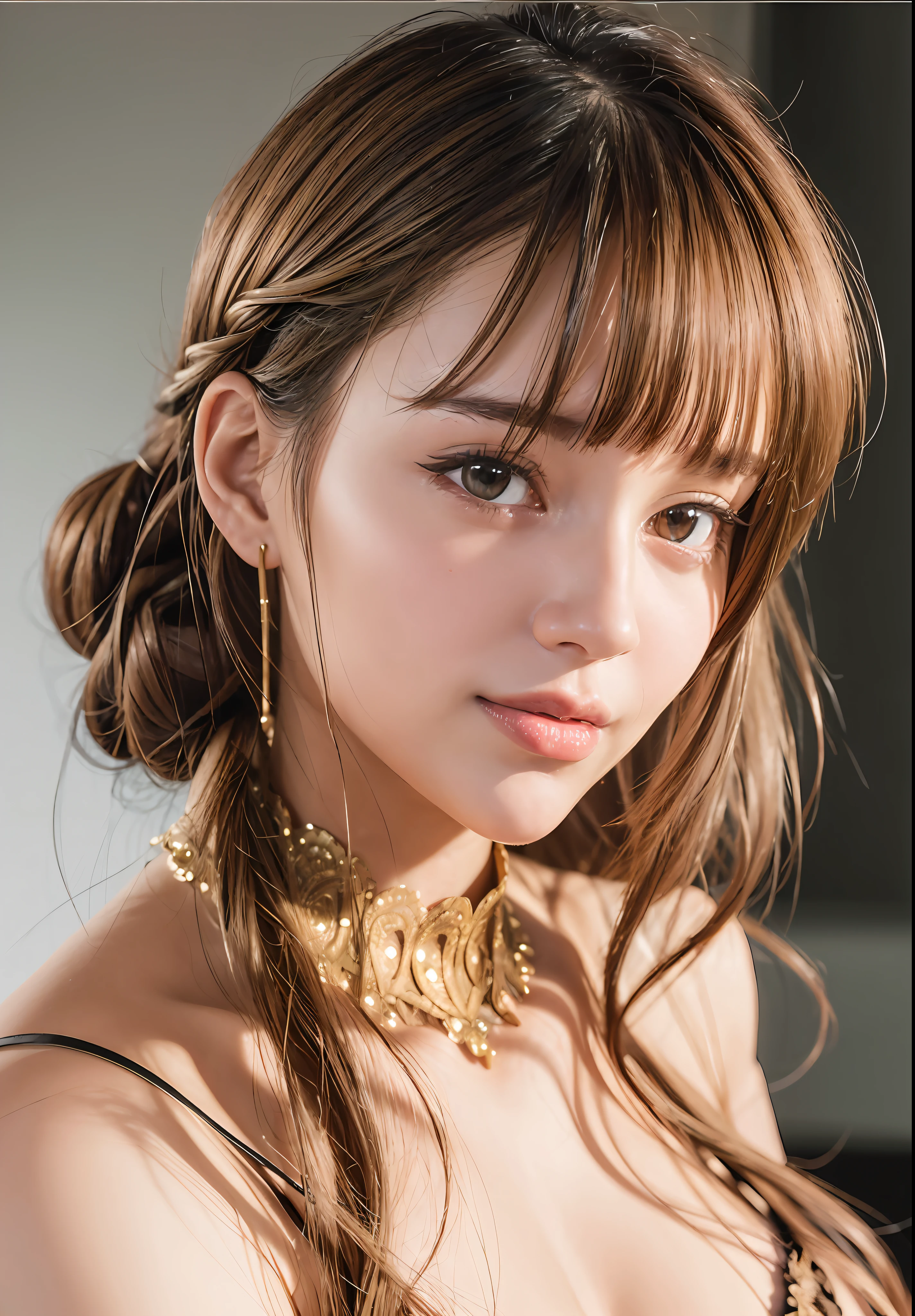 light blush,smile,
(halter cut dress, mascara, flirty, blunt bangs, portrait shot, glossy lipstick, nightclub,blonde french braid, portrait shot, looking at viewer, glossy lipstick, royal throneroom, intricate details,,)
looking at viewer,beautiful woman girl,(skindentation:1.2), shiny skin,
best quality, ultra high res, (photorealistic:1.4), hiqcgbody,masterpiece, (photorealistic:1.4), best quality, beautiful lighting, detailed, intricate , RAW photo, 8k uhd, film grain,