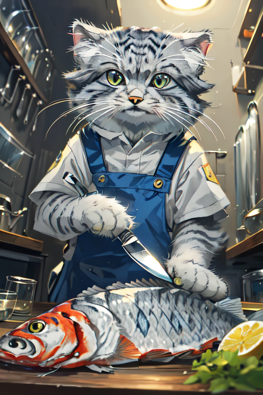 close-up photography of (grey tabby cat:1.2) (cuts the fish with a knife on the table:1.2), (c4ttitude:1.3), in glasstech kitchen, hyper realistic, intricate detail, (foggy:1.1), pov from below