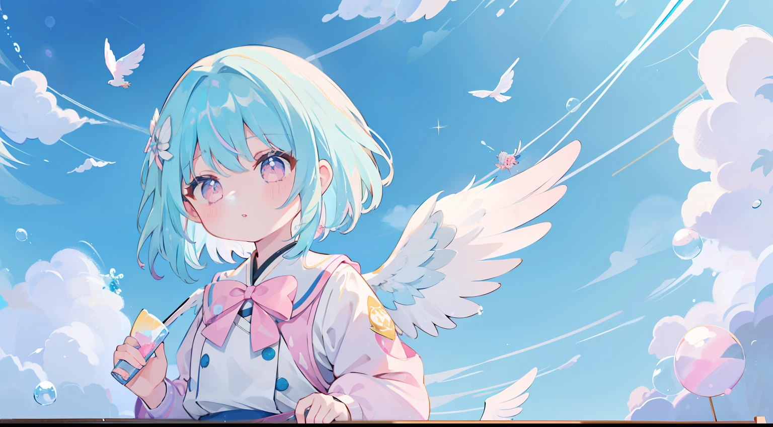 One girl、cute little、校服、pluma、((((((flying though the air)))、mid air、soap bubbles、masterpiece、top-quality、Top image quality、lightblue hair、Pink eyes、Asymmetrical hair、Angel wings、(((splatters))、float、Skysky、Beautiful sky