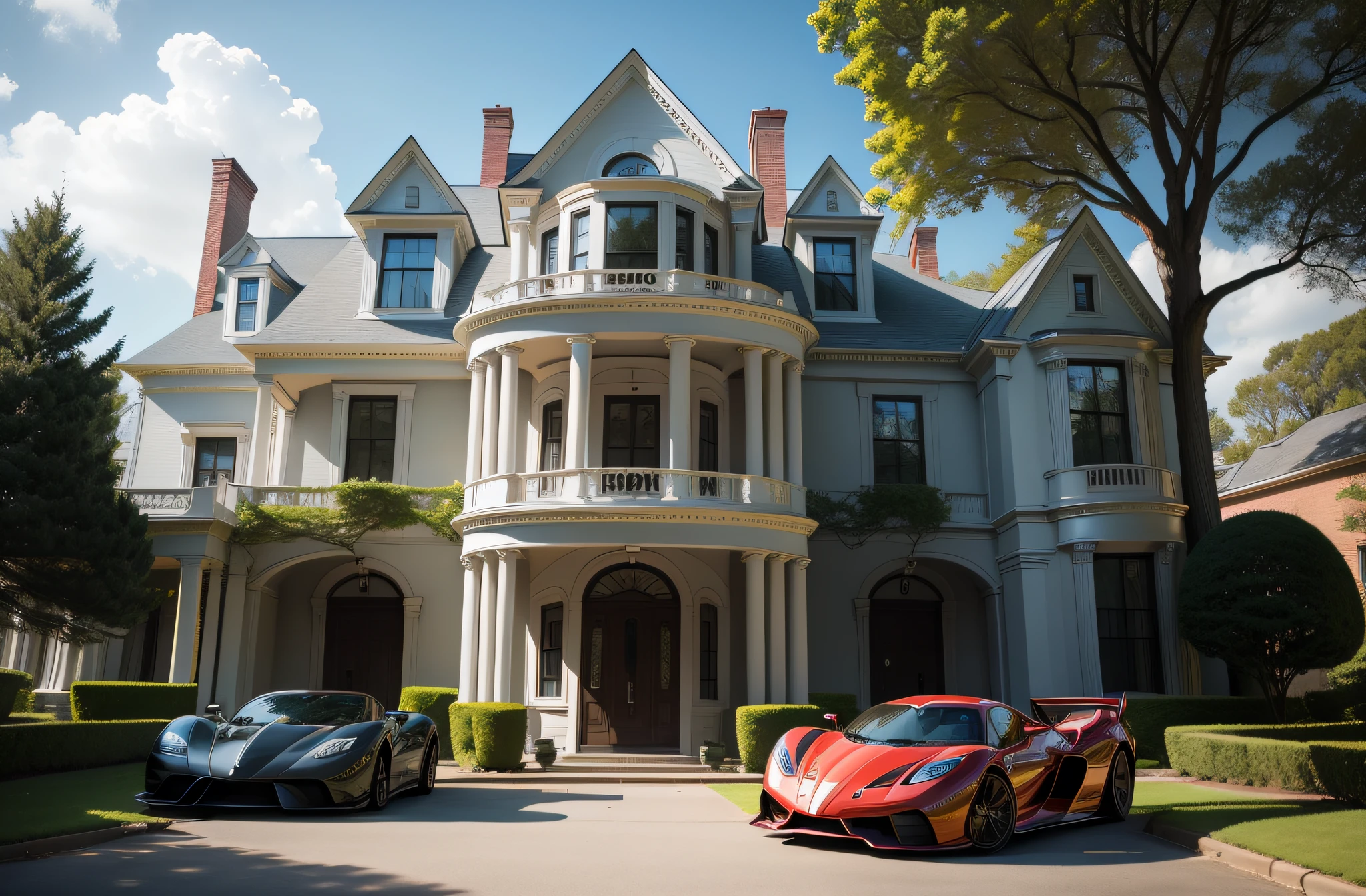 American mansion façade with super car in front, Front view, Paisagem, trees behind, highes definition, Foto premiada, HDR