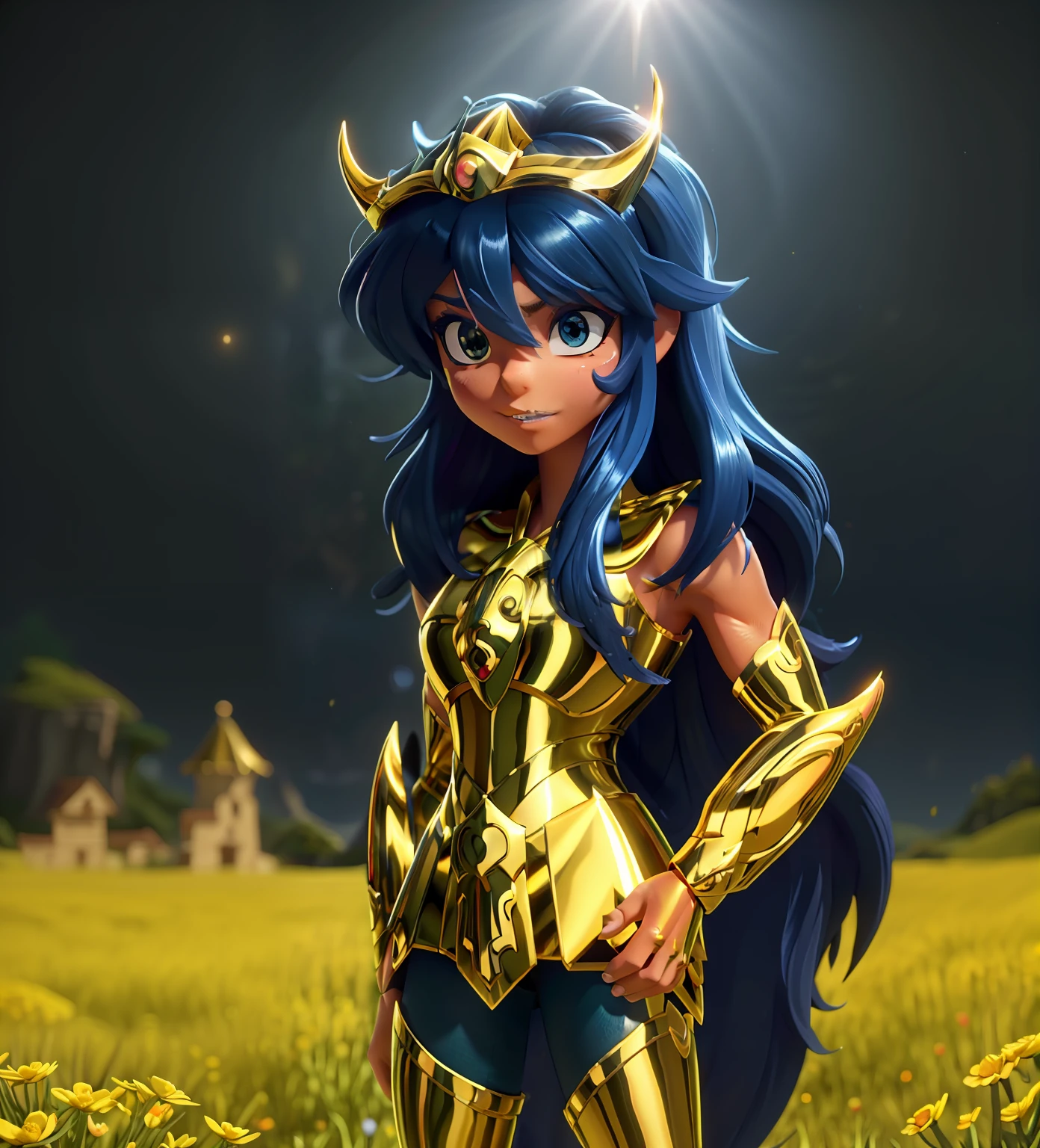 Ultra-high saturation(tmasterpiece), fully body photo,(best qualtiy),(1girll), fully body photo,sface focus, Wearing golden Scorpio armor,very long fingernails,Meadow flower background,sexy armor,No underwear,Bling armor,Fine fine skin,Plump breasts,Bare legged,cool-pose, Saint Seiya Armor, messy hair,highly detailed realistic photograph of,god light, super sharp focus, Ultra high quality,,with dynamism, Long hair,,(Shiny skin:1.4),Shiny lips sexy figure,Ultra-high saturation,hight contrast,High-gloss armor,Smooth skin,Grim expression,dark-blue hair