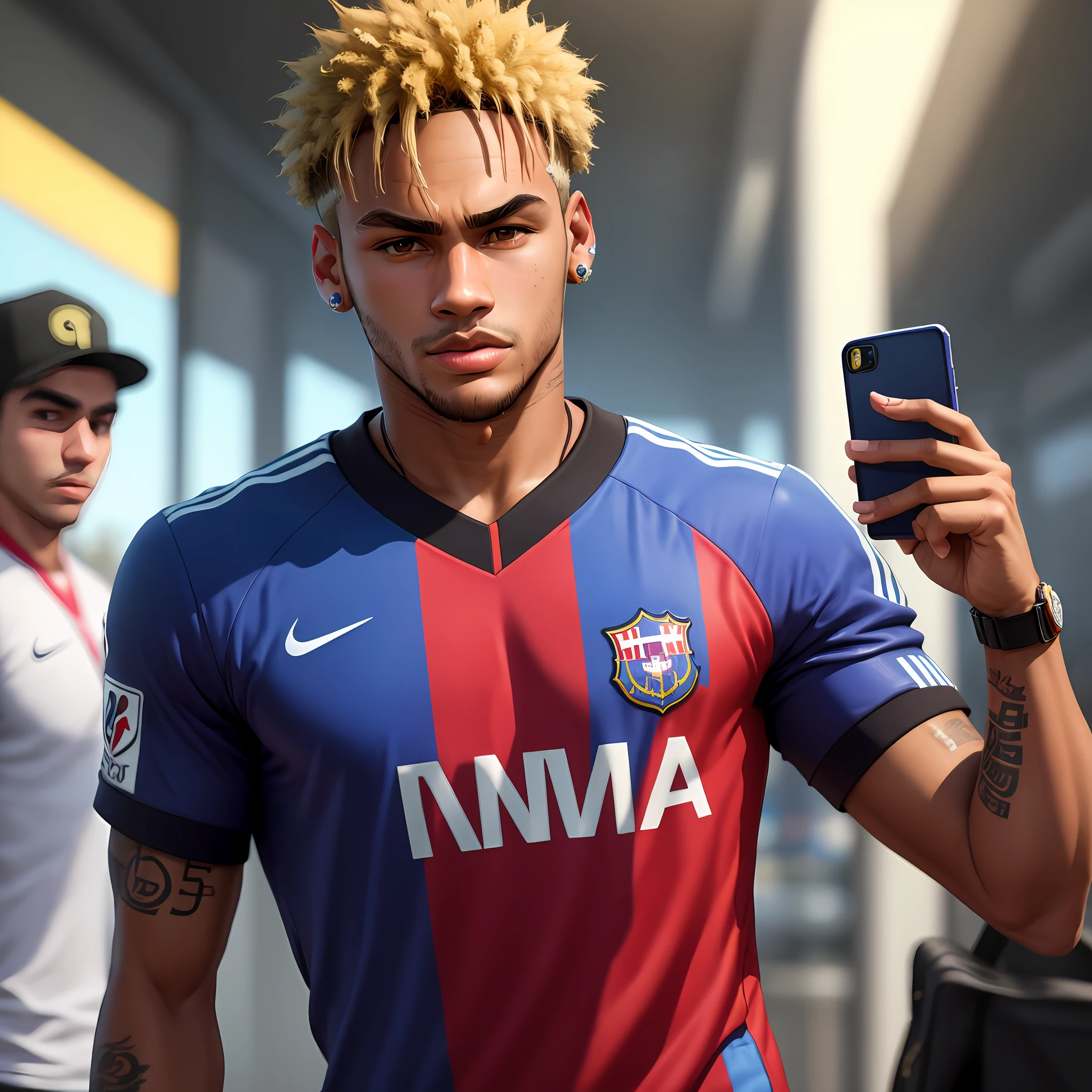 gta v style of Neymar Junior looking at the camera holding a smartphone