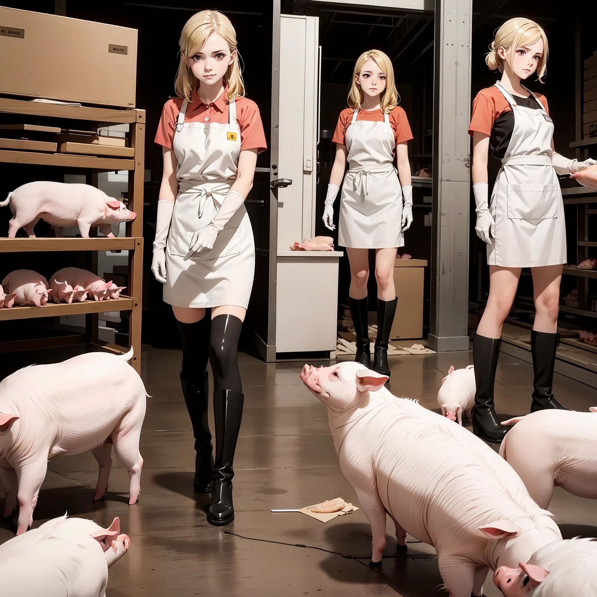 Large-scale slaughterhouse,Pigs dissecting,Beautiful blonde female worker, Shoulder-length rubber gloves, Rubber Apron, White knee-length rubber boots,Stand and look down, Small dissecting knife,Condescending pigs,Drawing from below,Stand and look down, Full body view from below,