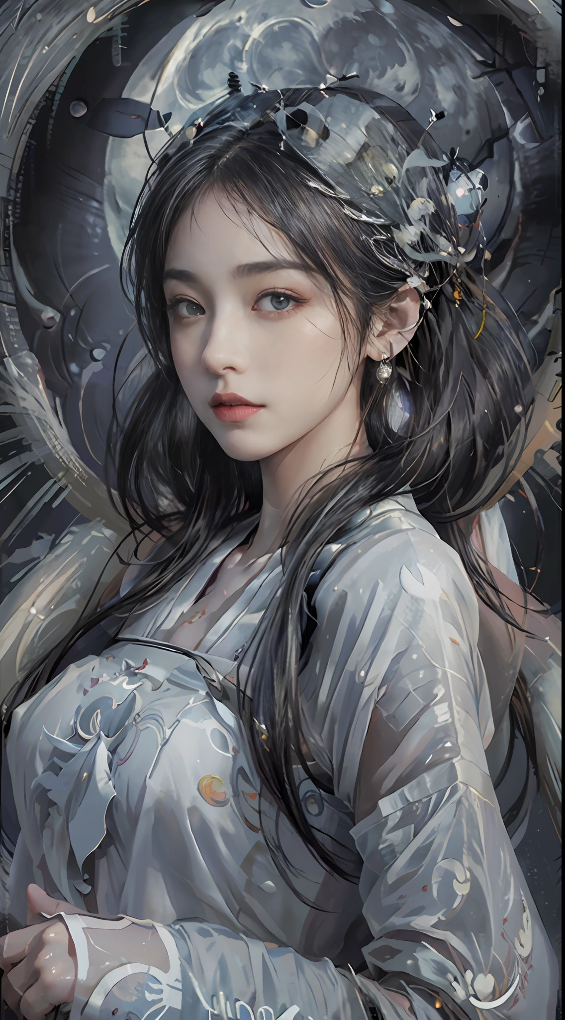 a 20-year-old woman, a girl Chinese fairy, gloom face, beautiful Chinese fairy tale face, beautiful face without flaws, slender body, fair skin, thin and beautiful lips, soft smile, keep your mouth shut again, (The scene of the moonlight is magical:1.8), the full moon shines, moonlight, the moon, (luxury house in ancient Chinese style:1.2), Chinese-style bun hair, shiny black hair, flying hair, long hair, blue eyes sad gaze, twinkle eyes, big round eyes and very nice and detailed makeup , holy woman body, breasts round, big and round breasts, a beautiful face in detail and well-proportioned eyes, meticulous makeup, drooping arms, Realistic and vivid images, stars that make up the sky, sexy body, most beautiful eyes, picture perfect eyes, beautiful saint and flowers, jewelry, beautiful face, upper body, hanfu, high resolution, best quality, best photo, 8k quality, 8k ultra, surreal, best real life photo, hdr, high skin detail, Bokeh, Smooth and sharp, 10x pixel increase, fictional art, 8k CGI, realistic, medium shot, (upper body), (white hanfu:1.8), by Mappa, five finger,